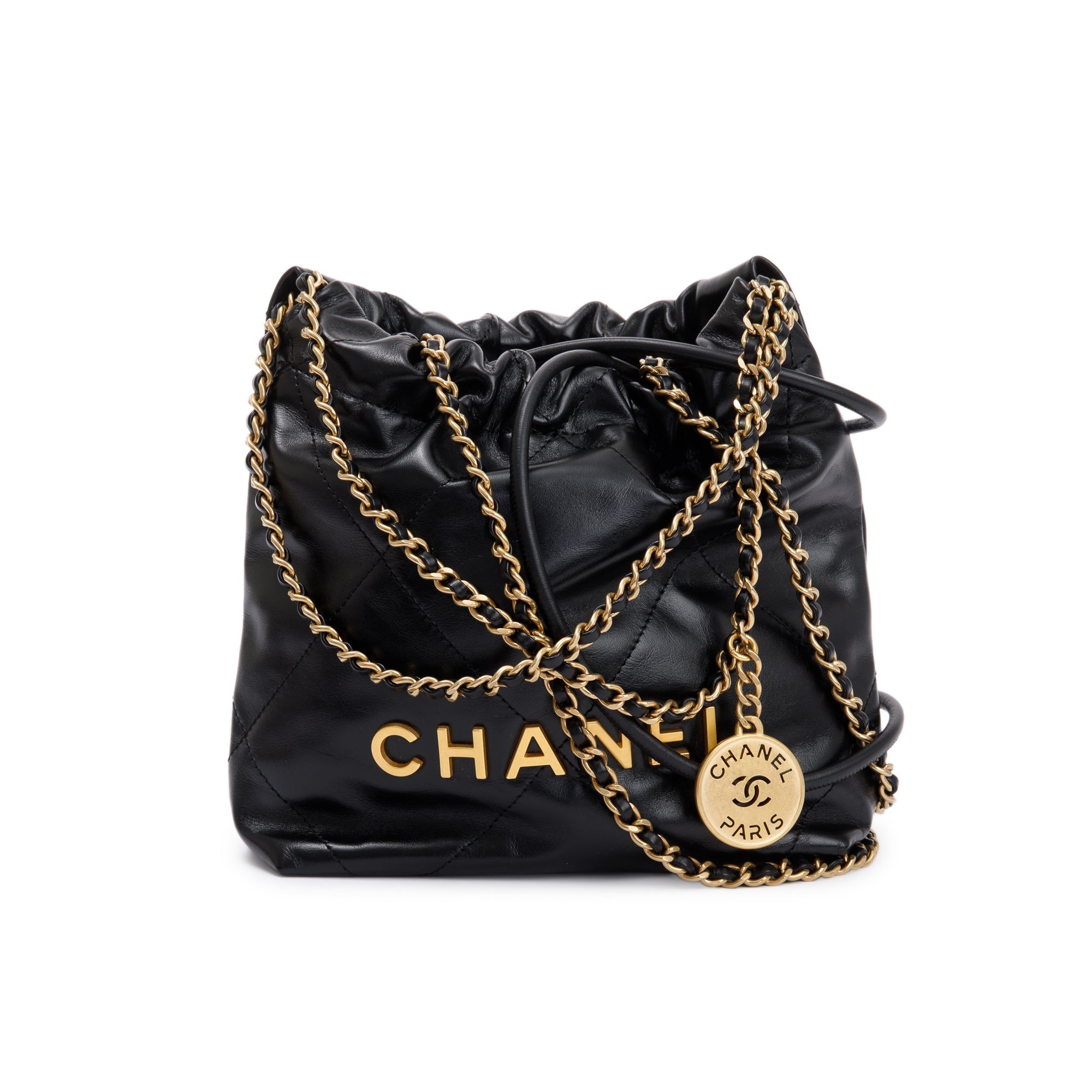 Chanel 2023 Black Shiny Calfskin Leather Mini Chanel 22 w/ Box & Receipt