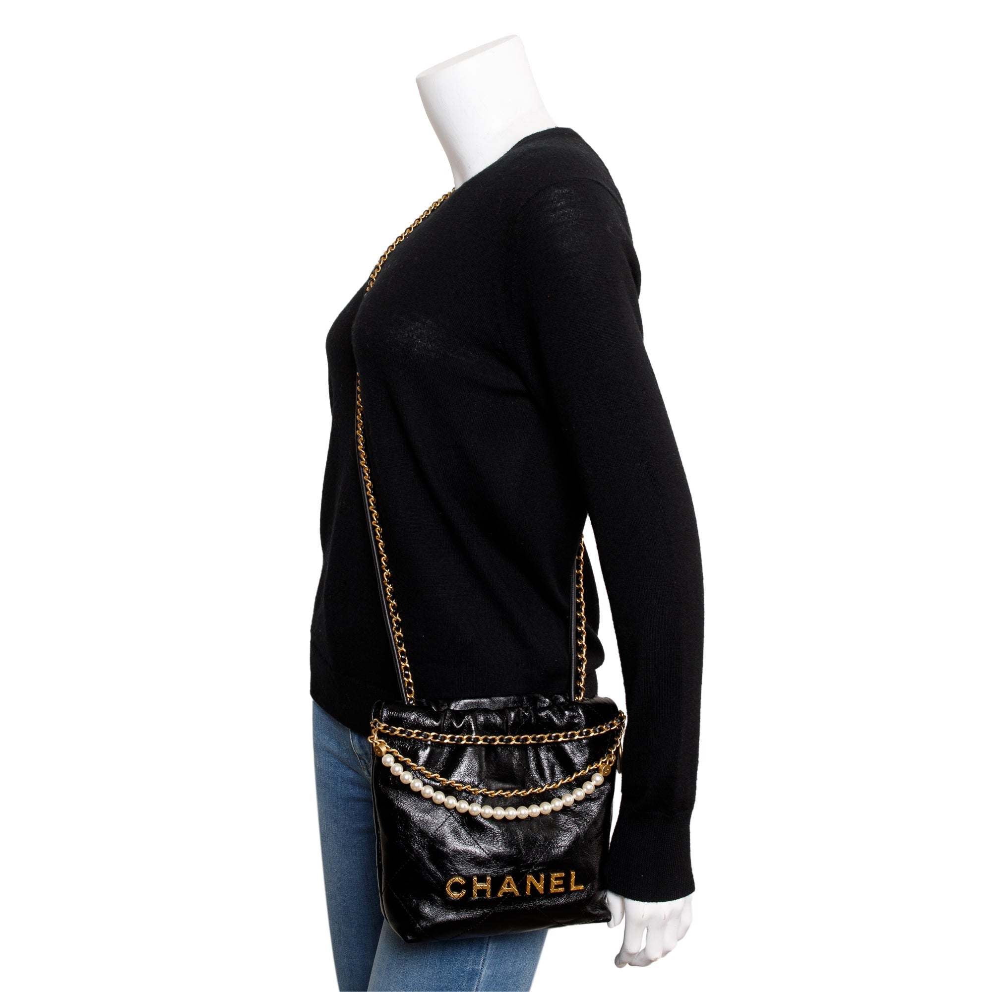 Chanel 2023 Black Shiny Calfskin Leather Mini Pearl Chanel 22 w/ Box