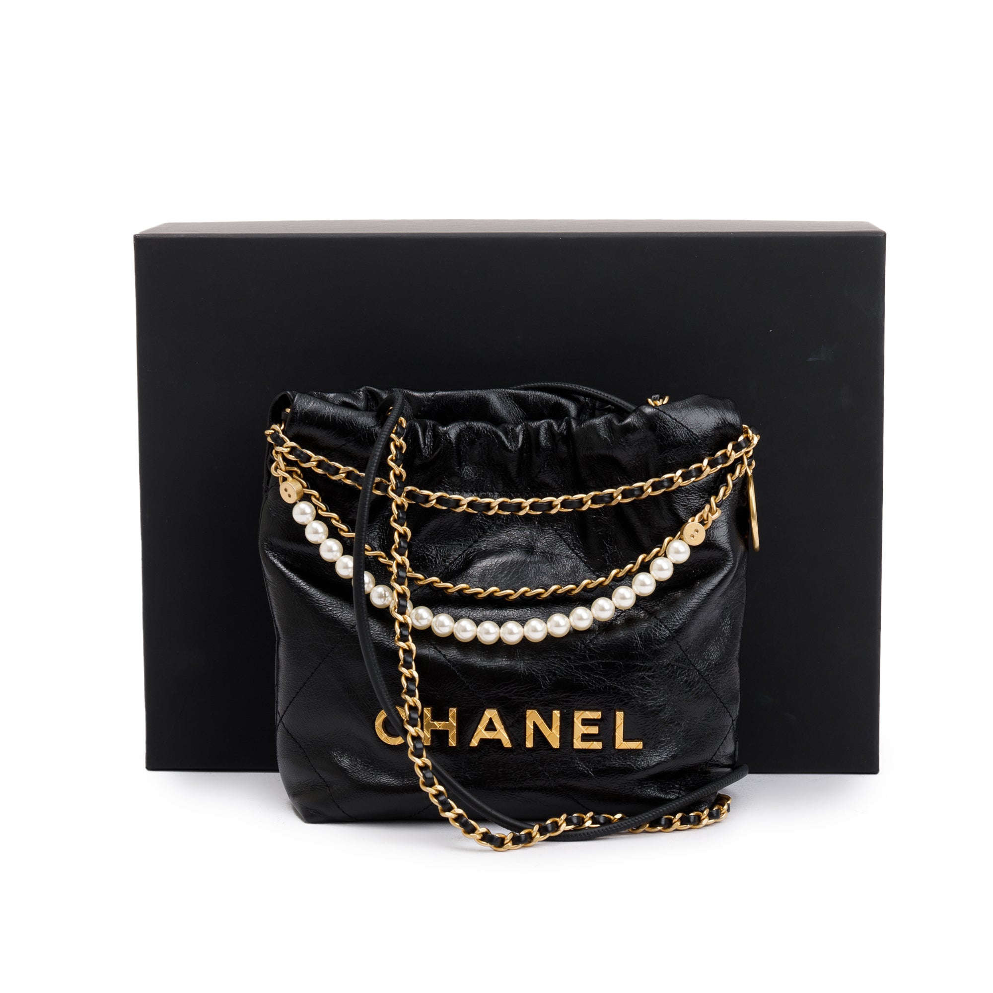 Chanel 2023 Black Shiny Calfskin Leather Mini Pearl Chanel 22 w/ Box