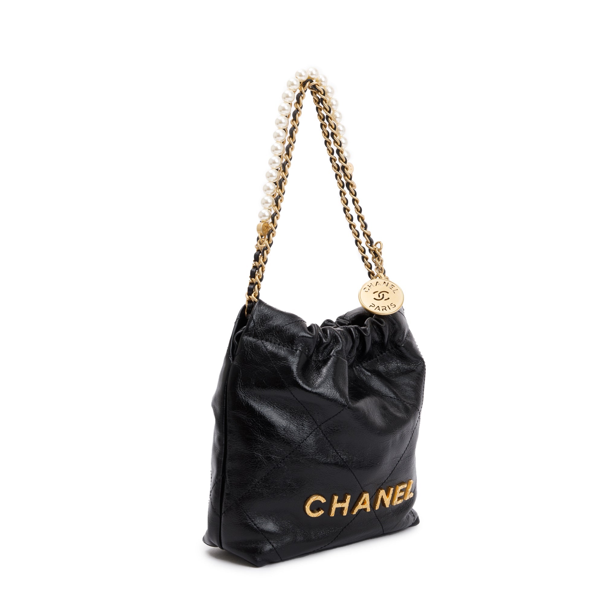 Chanel 2023 Black Shiny Calfskin Leather Mini Pearl Chanel 22 w/ Box