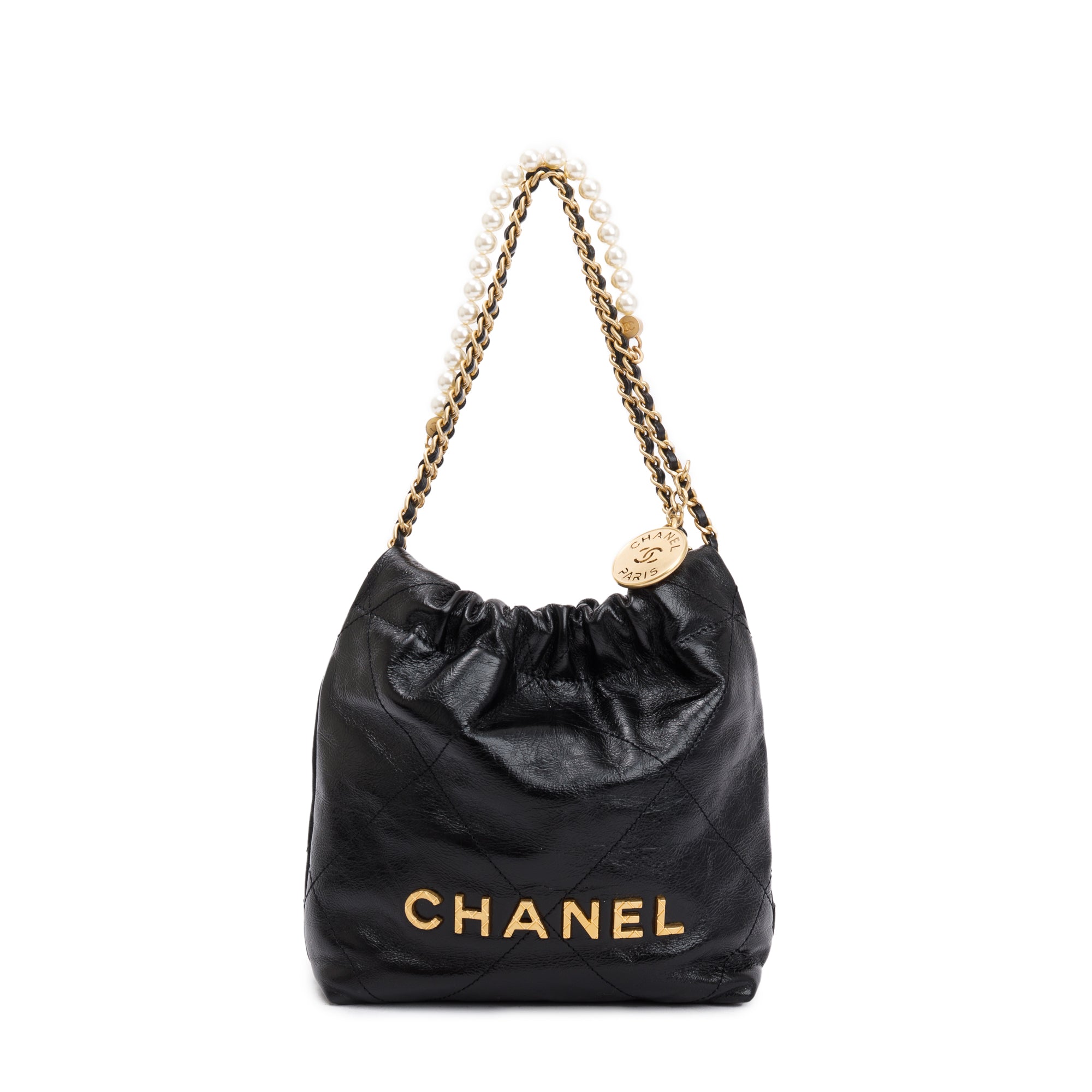 Chanel 2023 Black Shiny Calfskin Leather Mini Pearl Chanel 22 w/ Box