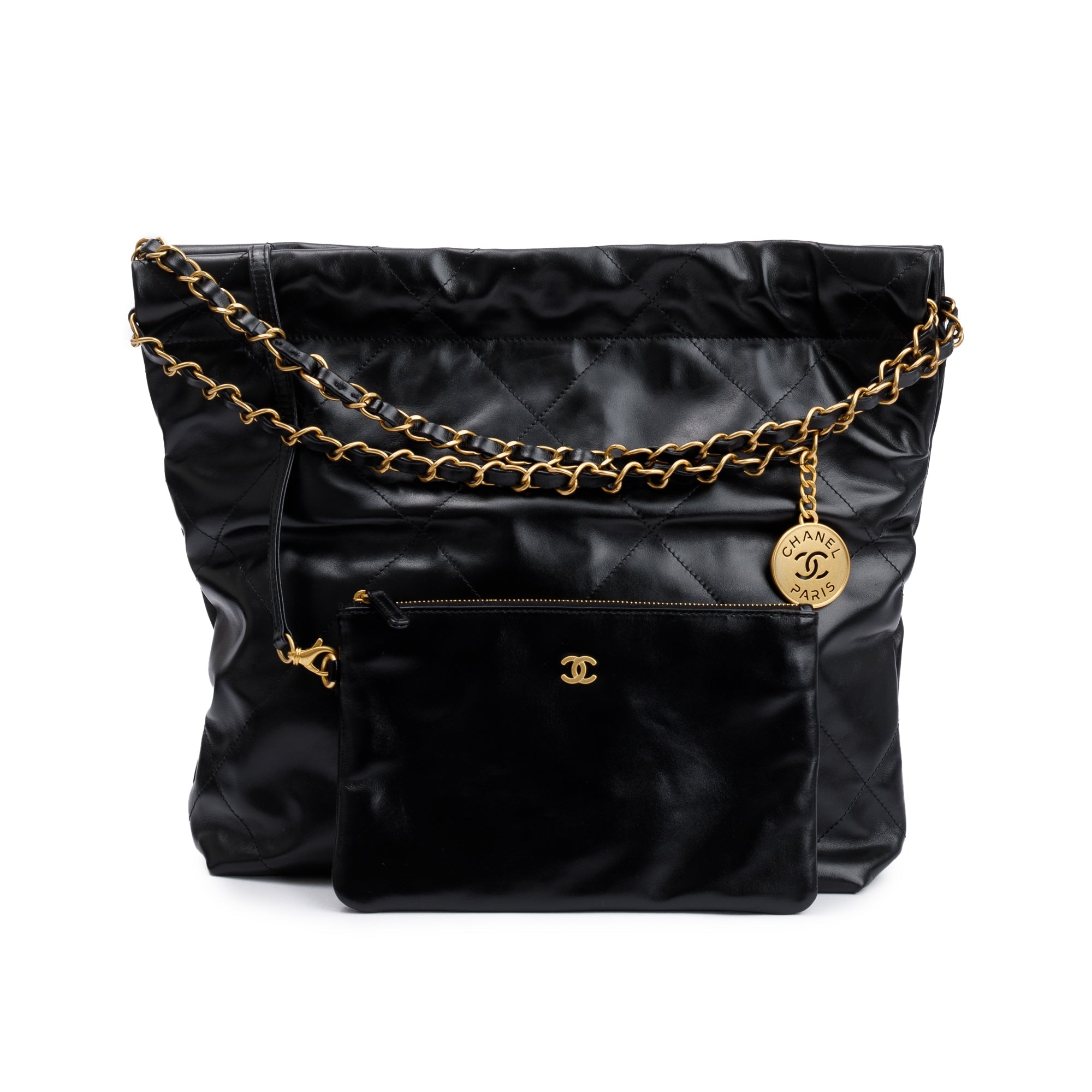 Chanel 2023 Black Shiny Calfskin Leather Small Chanel 22 Hobo w/ Pouch