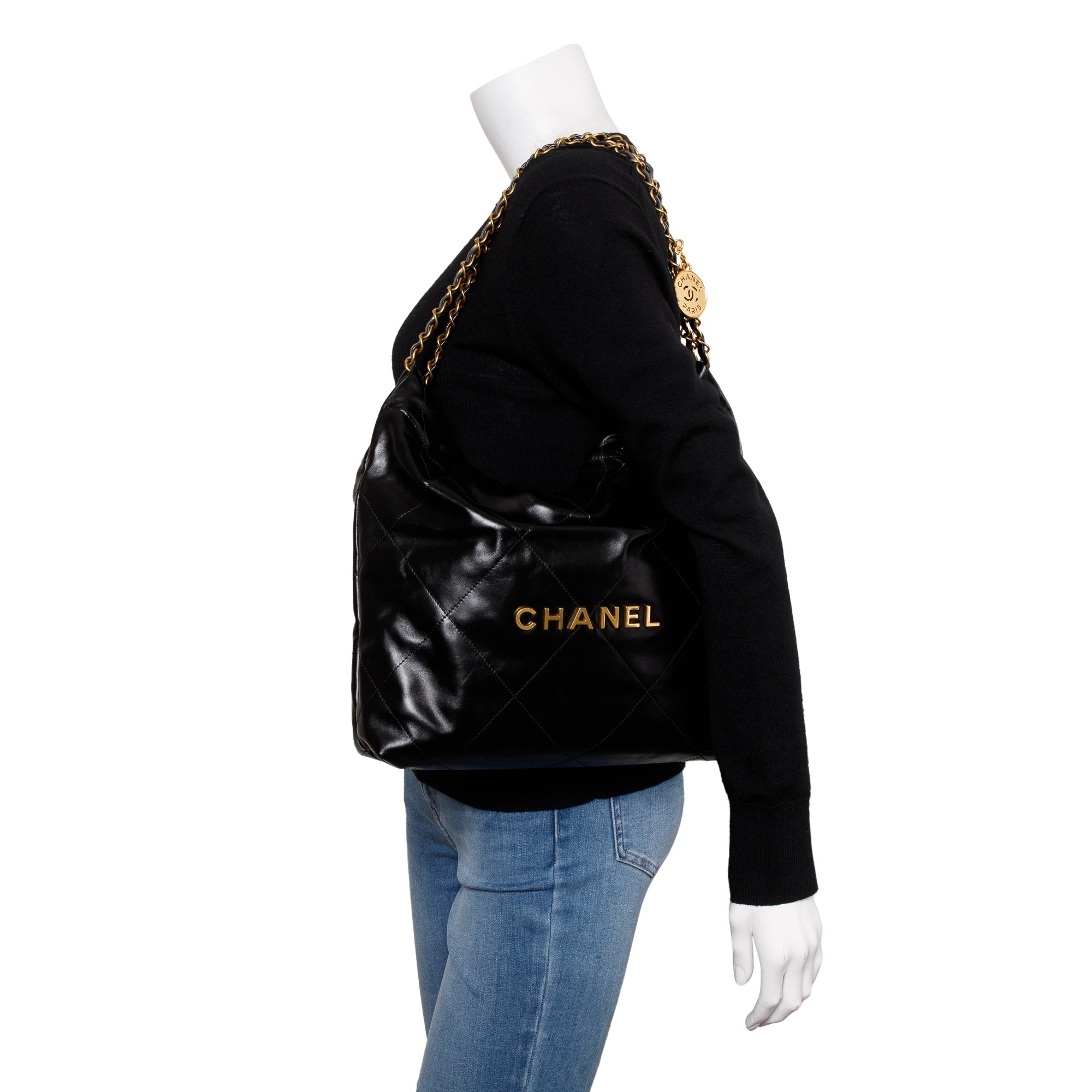 Chanel 2023 Black Shiny Calfskin Leather Small Chanel 22 Hobo w/ Pouch