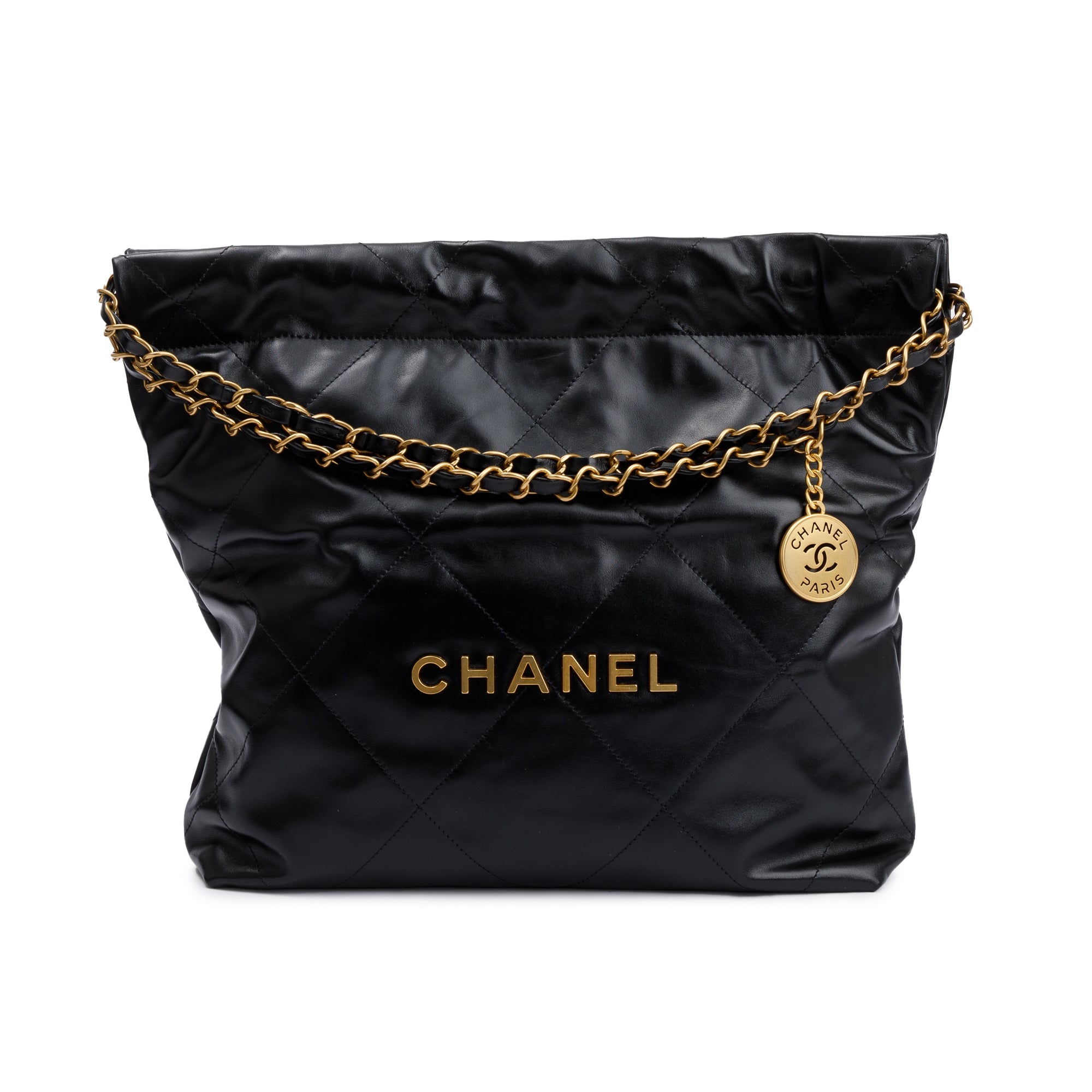 Chanel 2023 Black Shiny Calfskin Leather Small Chanel 22 Hobo w/ Pouch