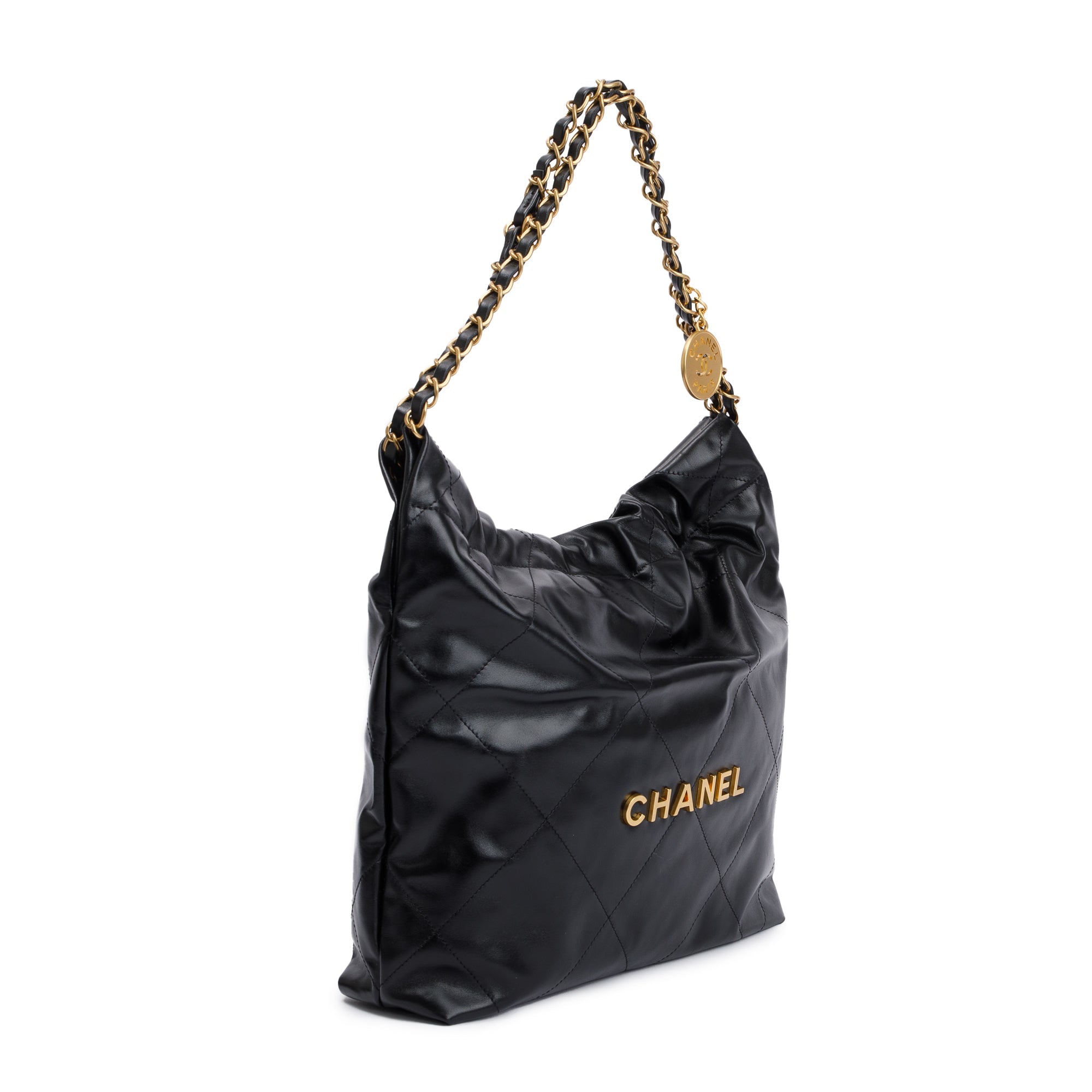 Chanel 2023 Black Shiny Calfskin Leather Small Chanel 22 Hobo w/ Pouch