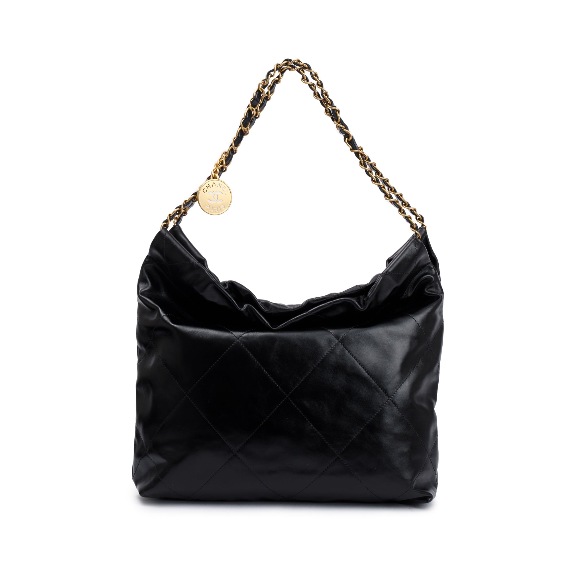 Chanel 2023 Black Shiny Calfskin Leather Small Chanel 22 Hobo w/ Pouch