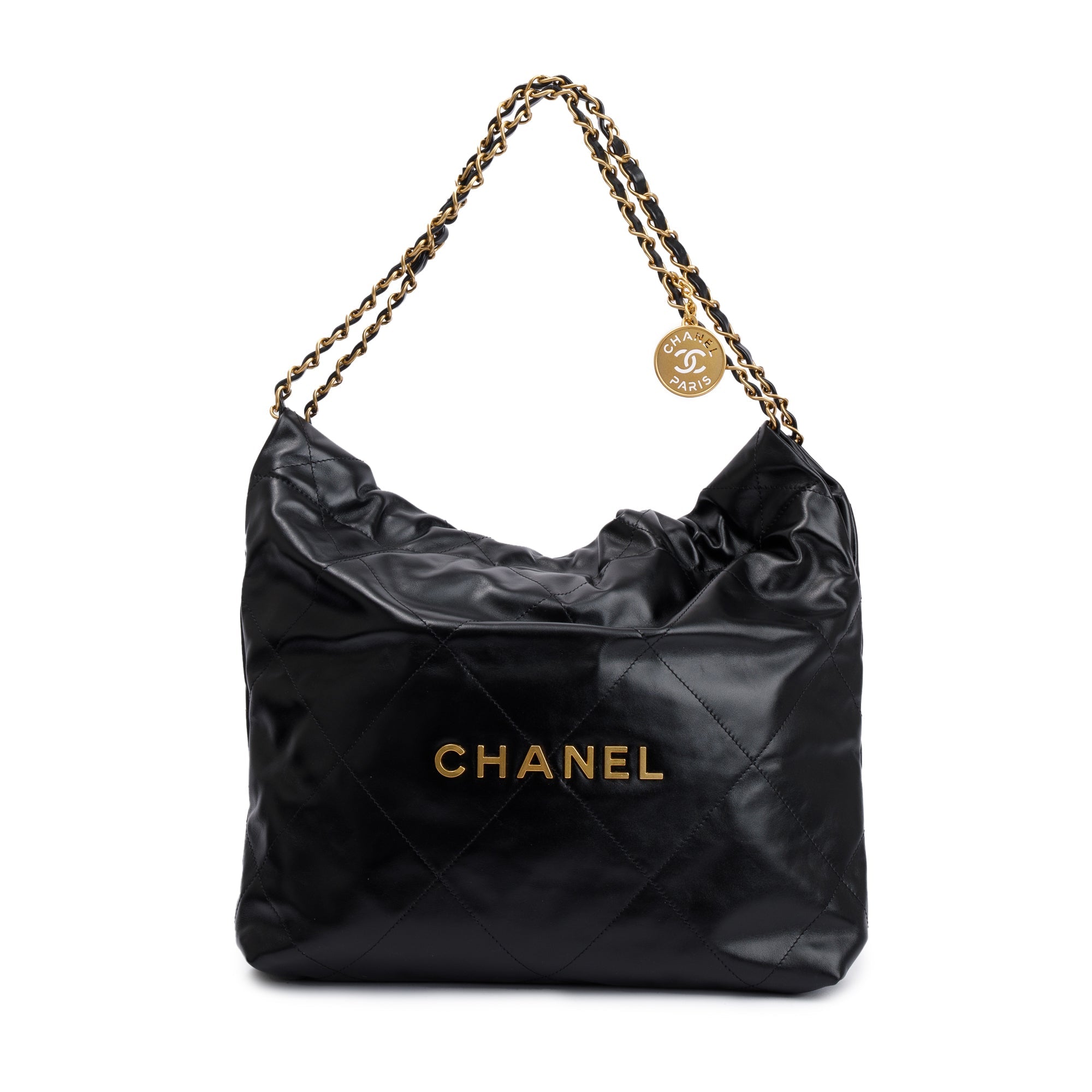 Chanel 2023 Black Shiny Calfskin Leather Small Chanel 22 Hobo w/ Pouch