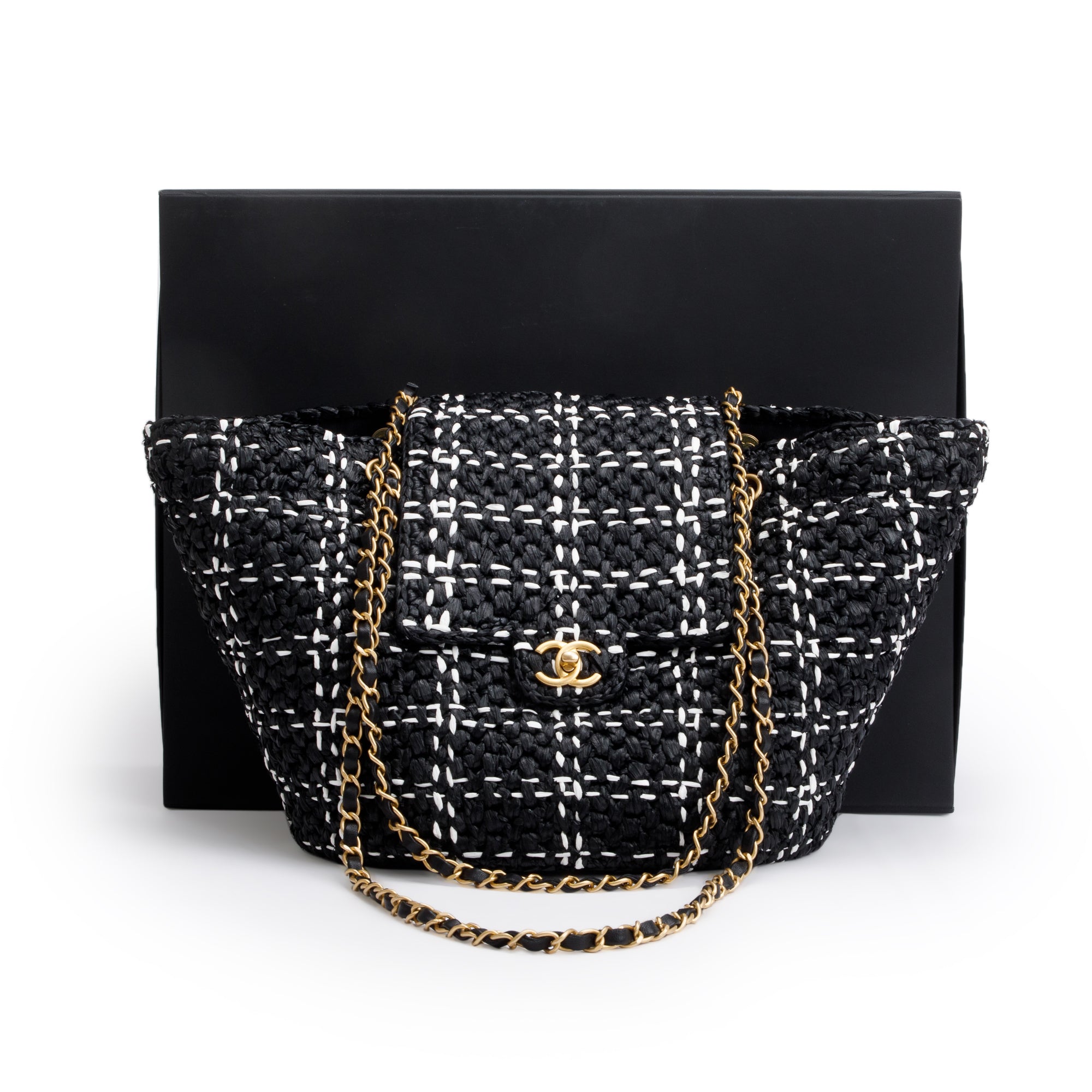 Chanel 2023 Black/White Raffia Calfskin CC Flap Tote w/ Box & Receipt