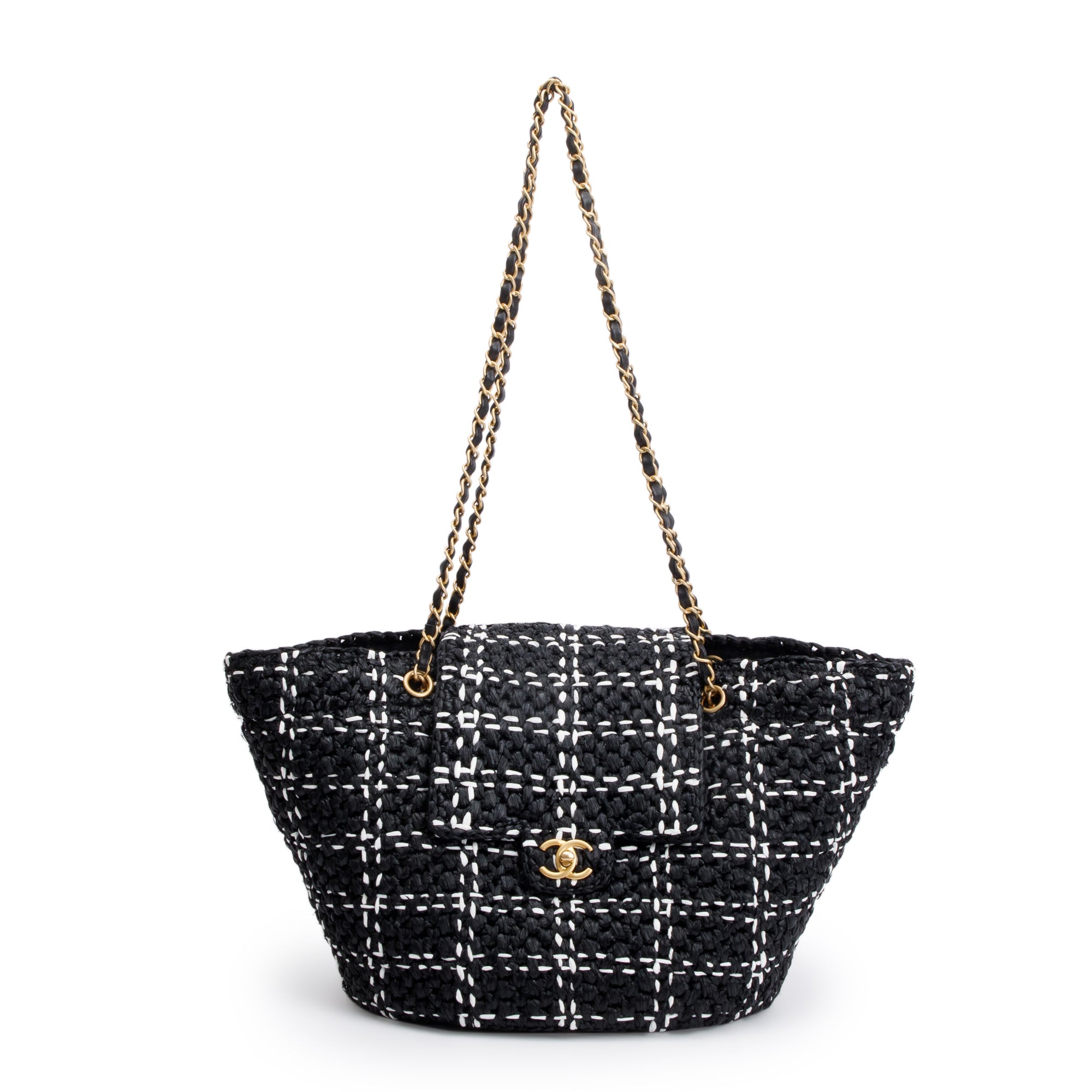 Chanel 2023 Black/White Raffia Calfskin CC Flap Tote w/ Box & Receipt