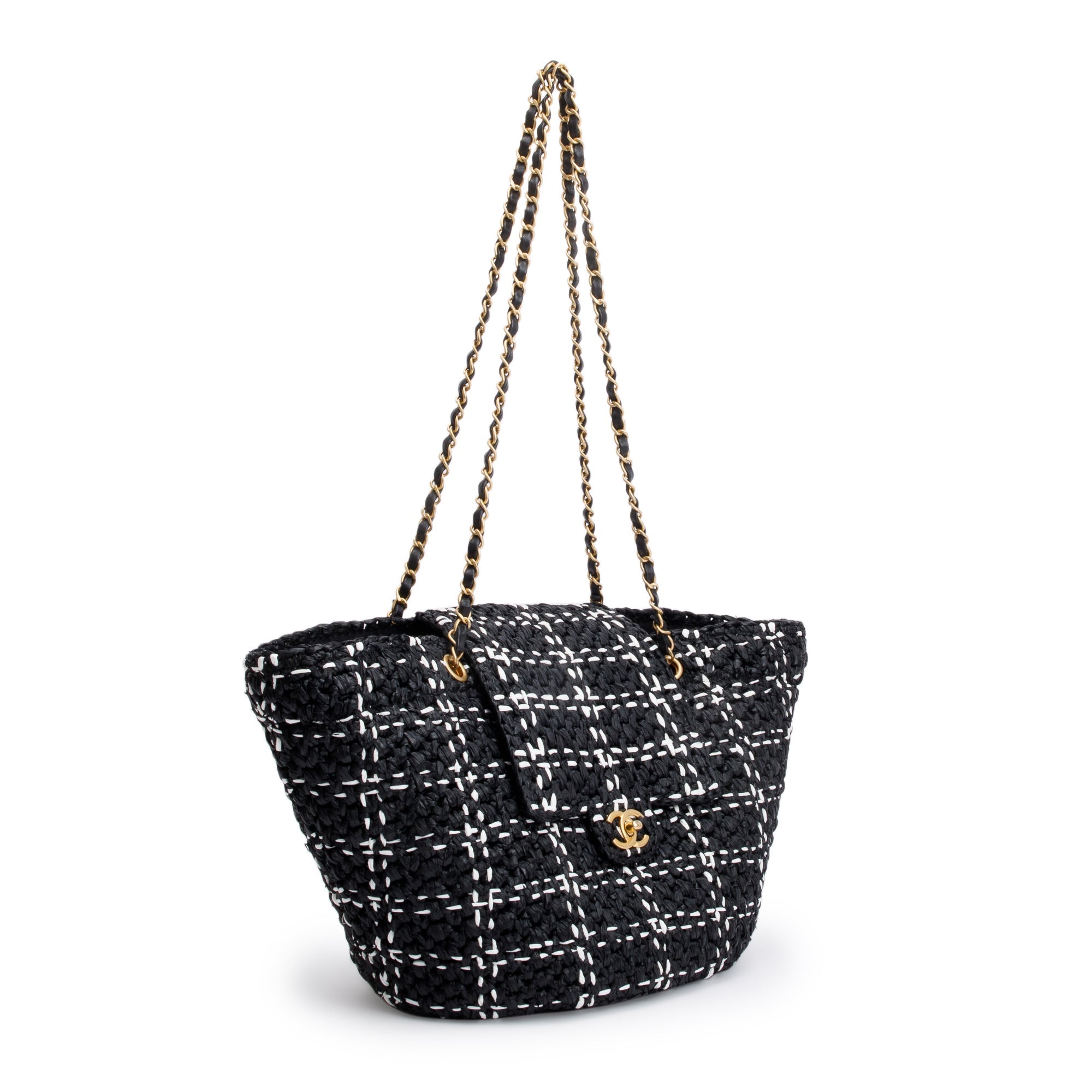 Chanel 2023 Black/White Raffia Calfskin CC Flap Tote w/ Box & Receipt