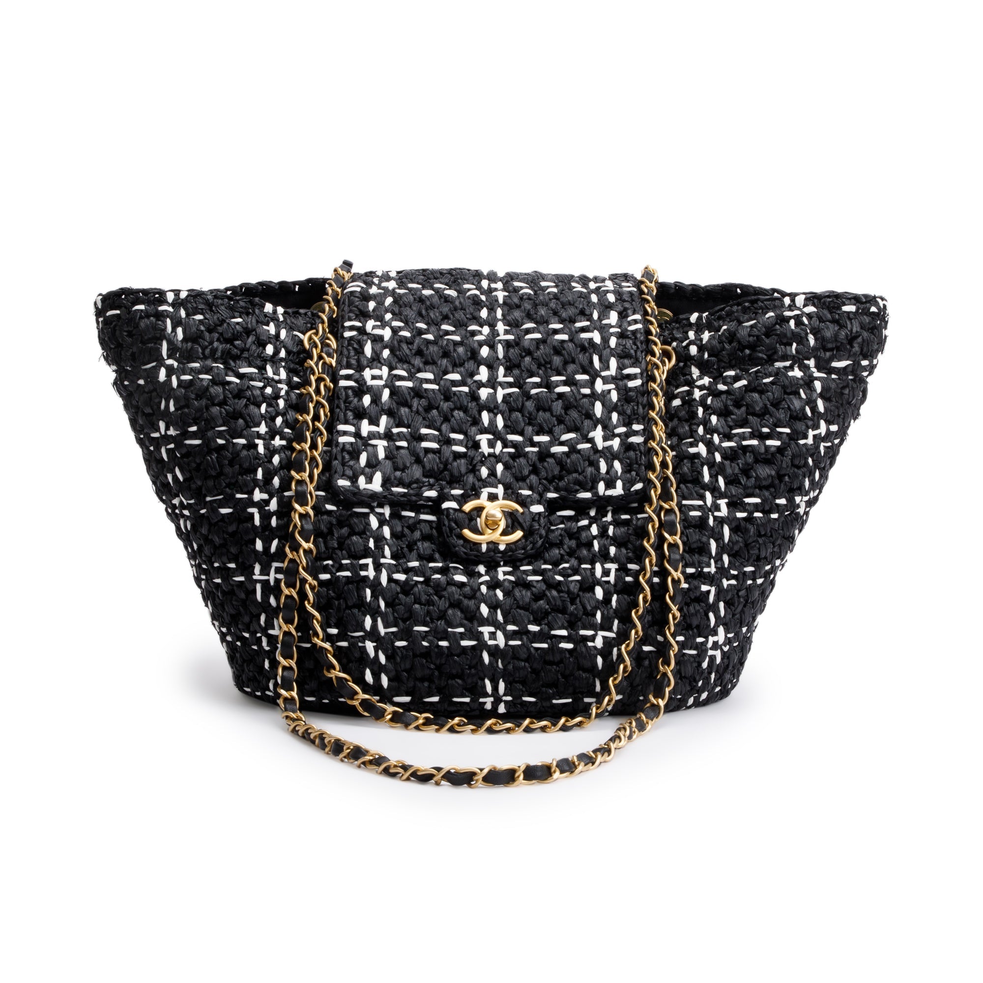 Chanel 2023 Black/White Raffia Calfskin CC Flap Tote w/ Box & Receipt