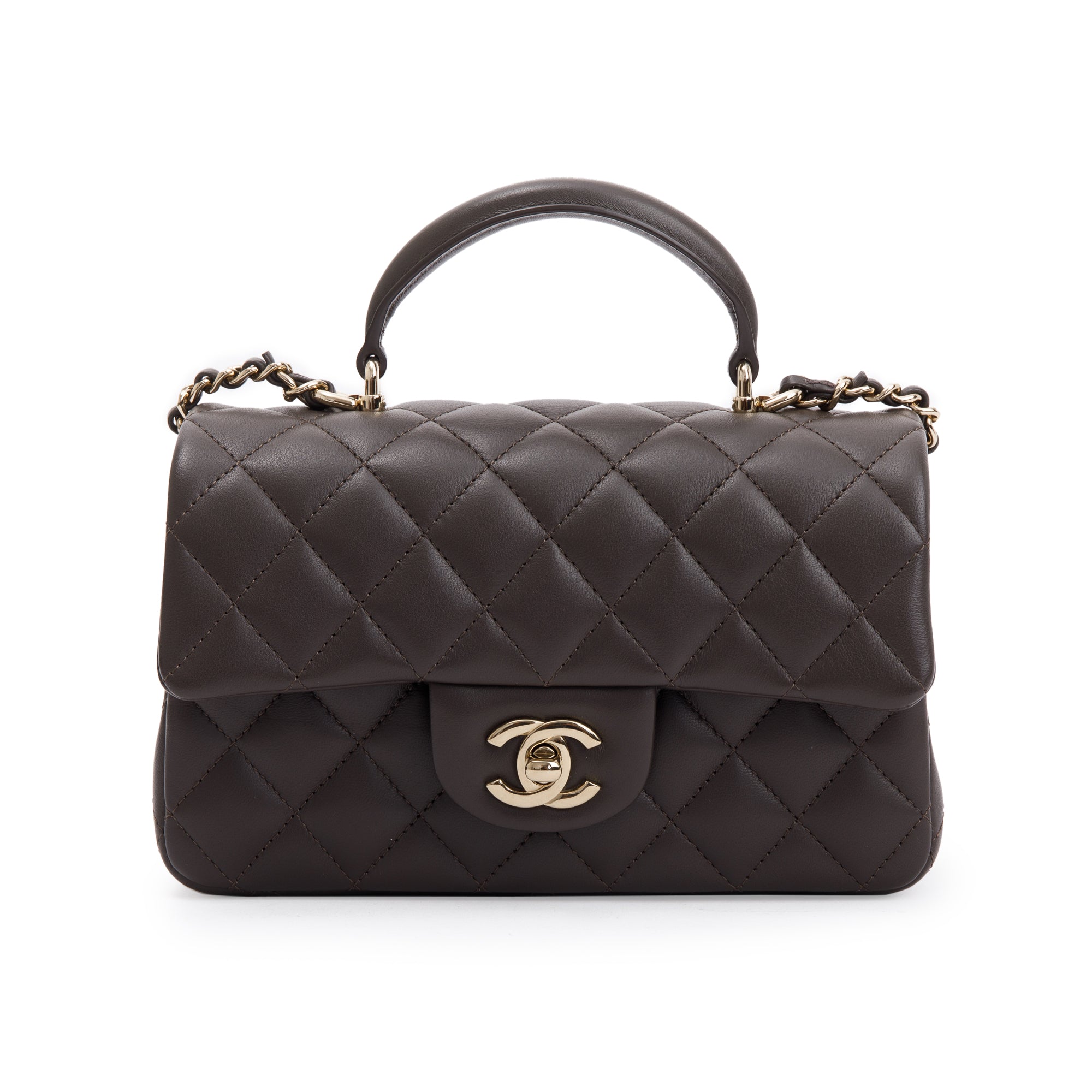 Chanel 2023 Brown Quilted Lambskin Leather Mini Top Handle Rectangular Flap Bag w/ Box