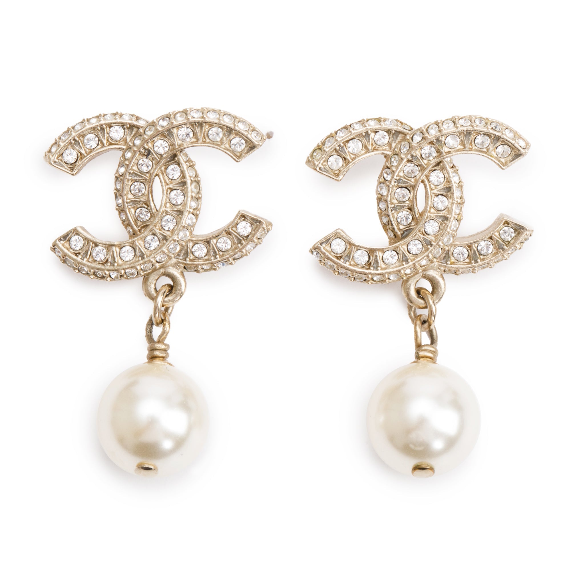 Chanel 2023 Gold Plated Faux Pearl Strass CC Drop Earrings w/ Box