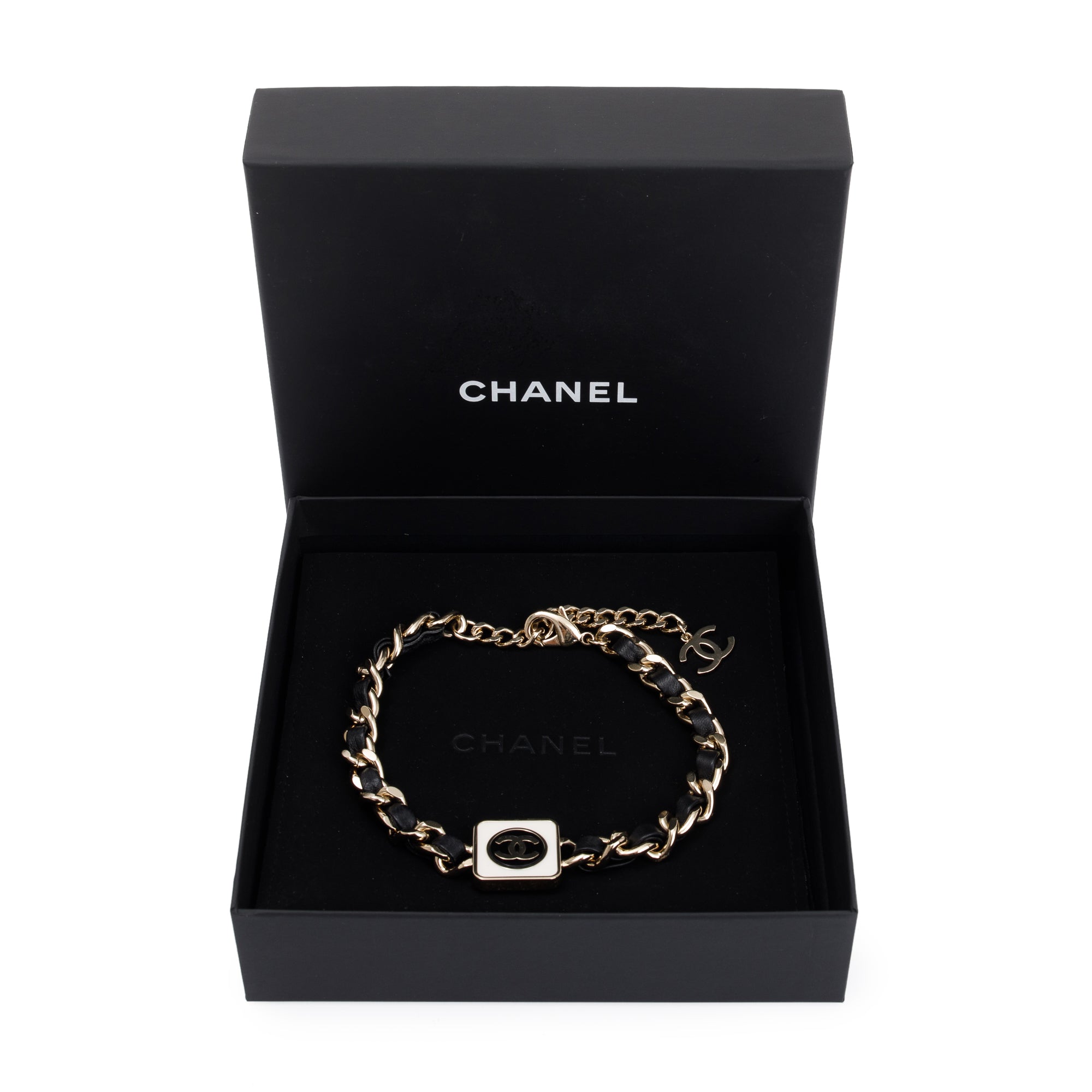 Chanel 2023 Gold Plated Leather & Enamel CC Choker Necklace w/ Box
