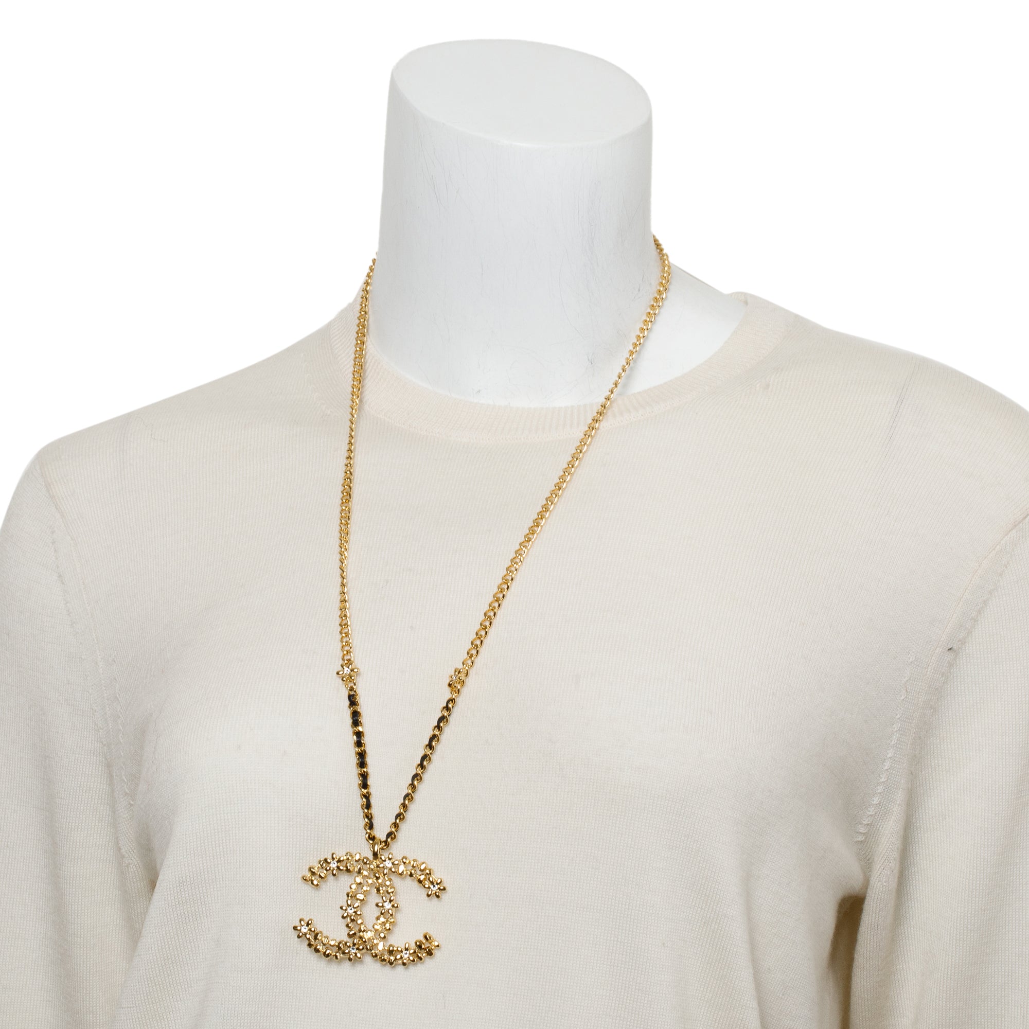 Chanel 2023 Gold Plated & Leather Large Strass CC Pendant Necklace w/ Box