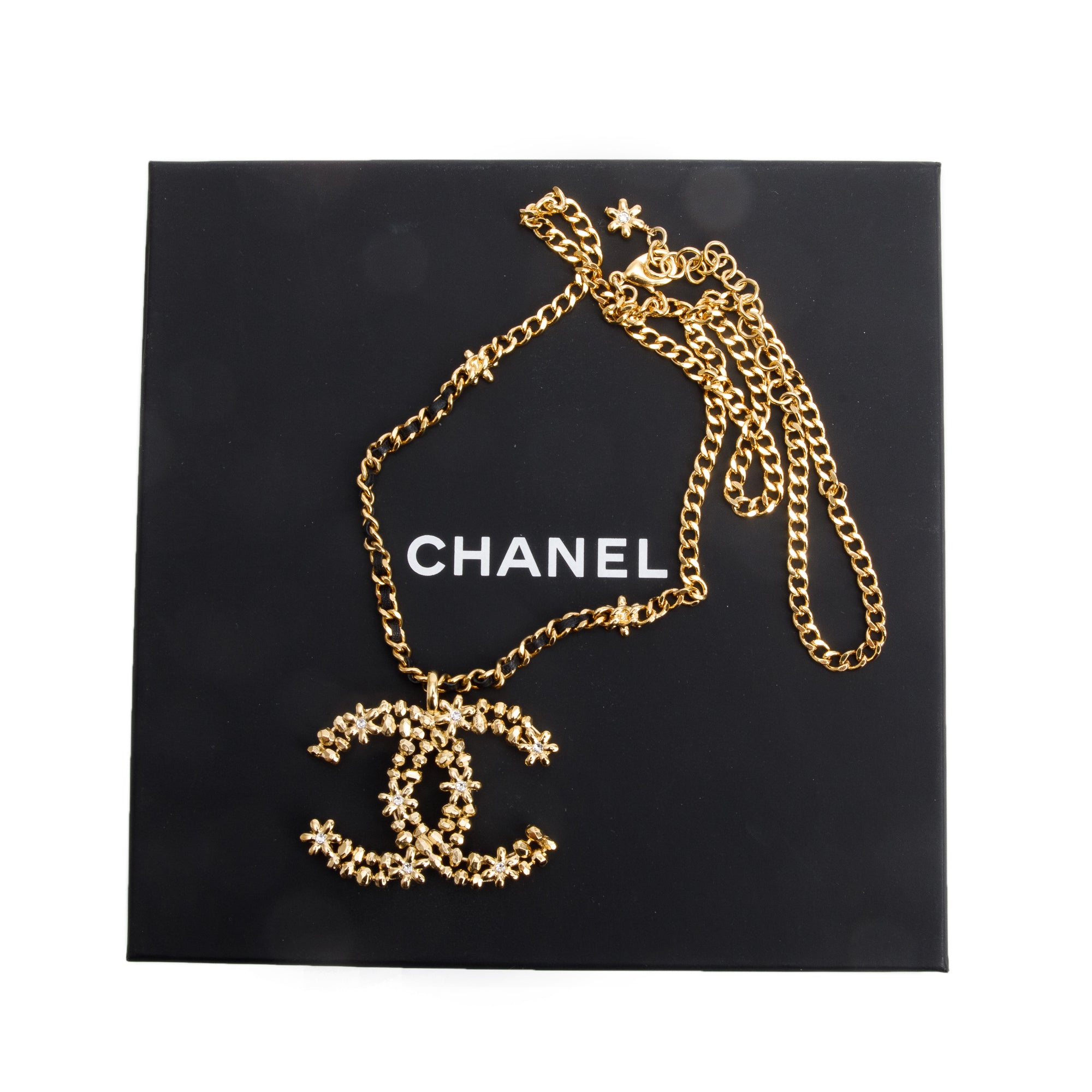 Chanel 2023 Gold Plated & Leather Large Strass CC Pendant Necklace w/ Box