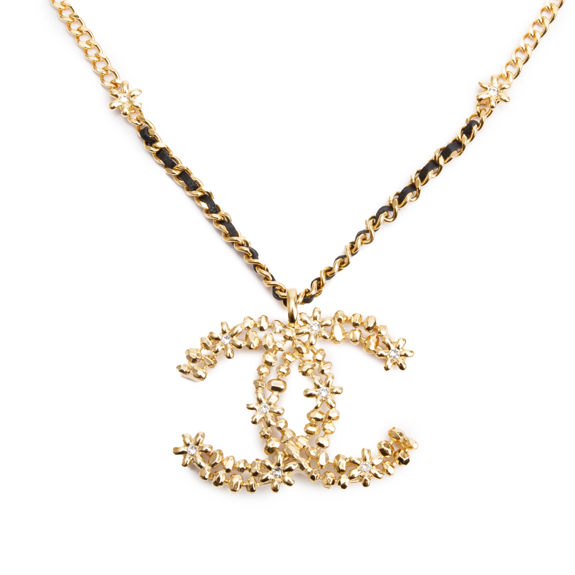 Chanel 2023 Gold Plated & Leather Large Strass CC Pendant Necklace w/ Box