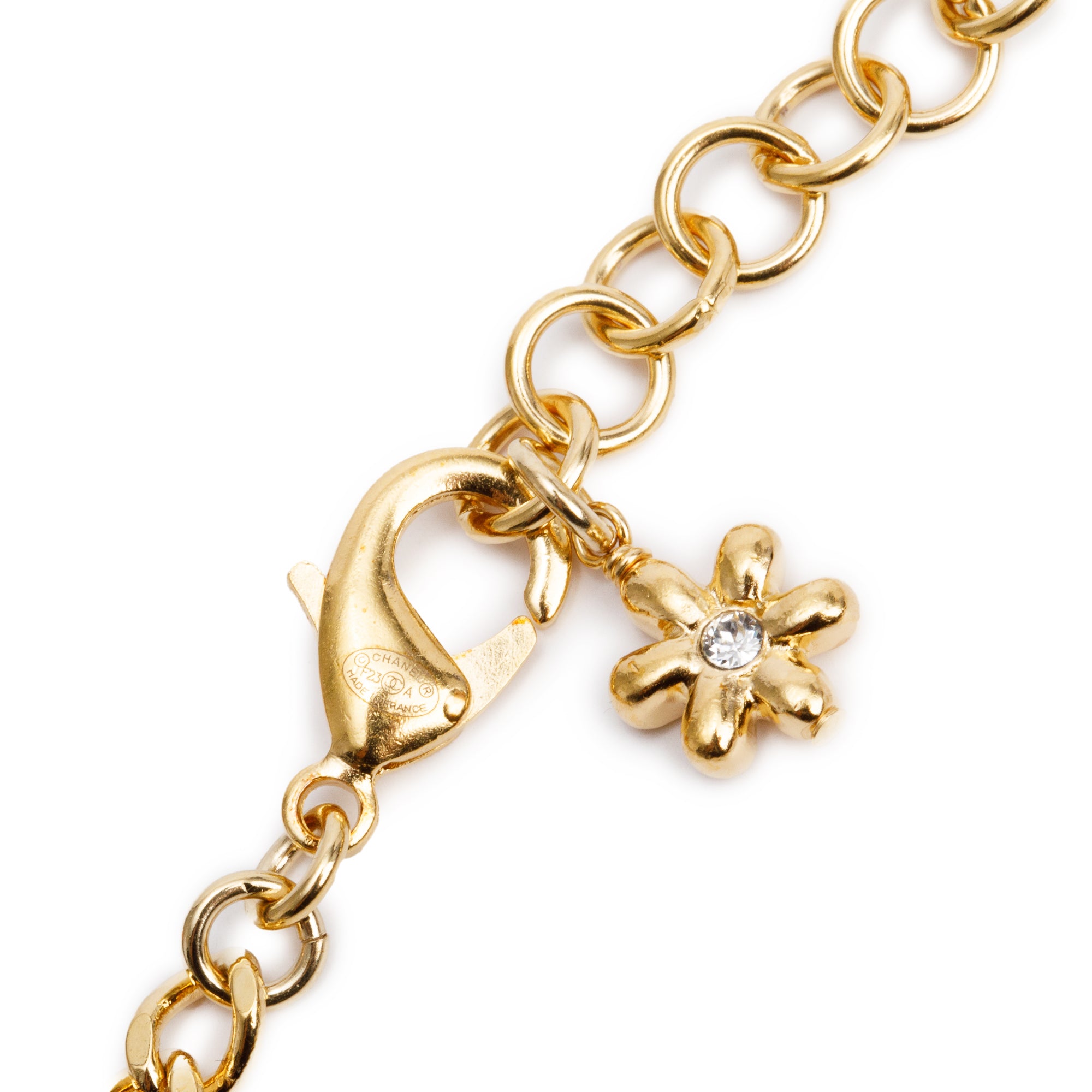 Chanel 2023 Gold Plated & Leather Large Strass CC Pendant Necklace w/ Box