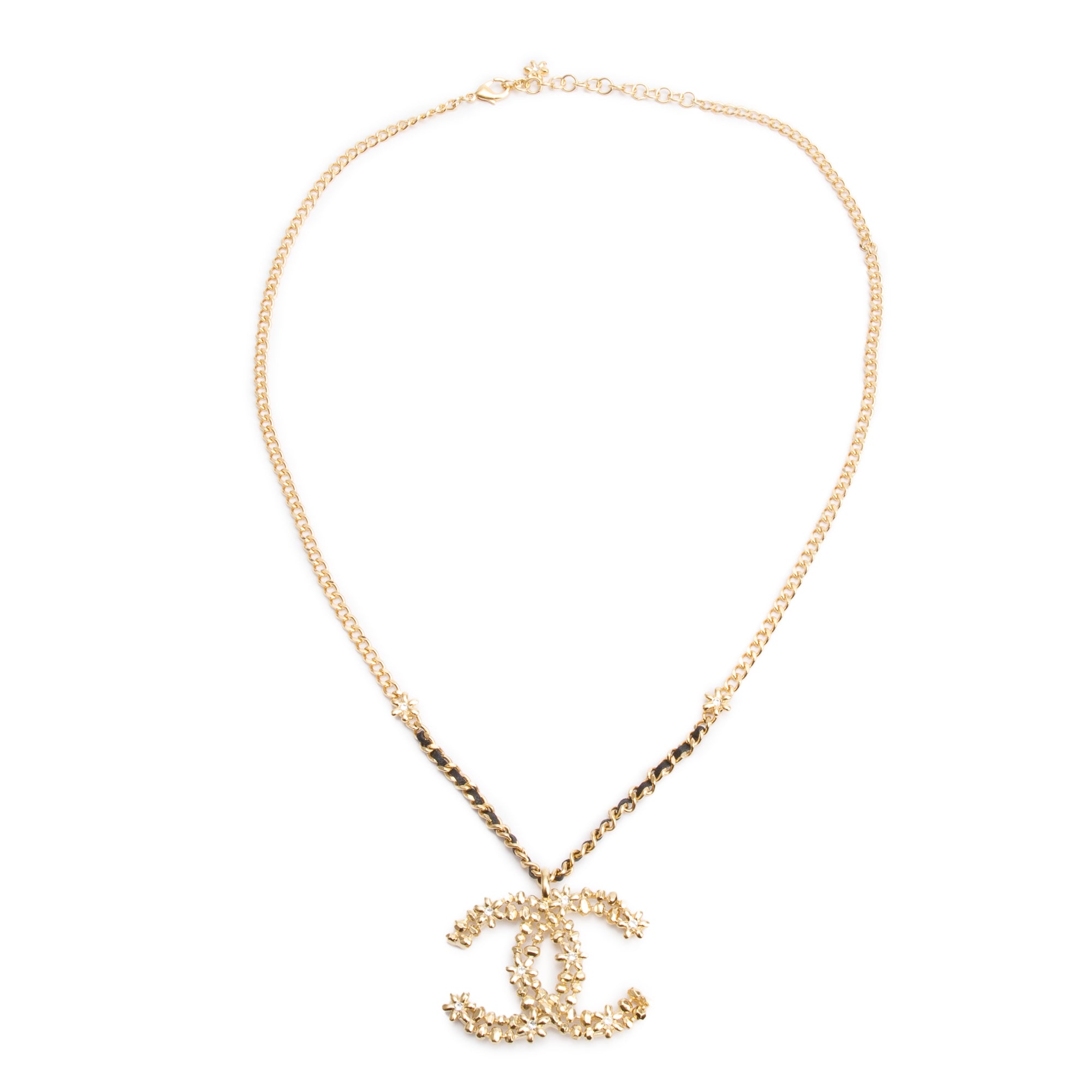 Chanel 2023 Gold Plated & Leather Large Strass CC Pendant Necklace w/ Box