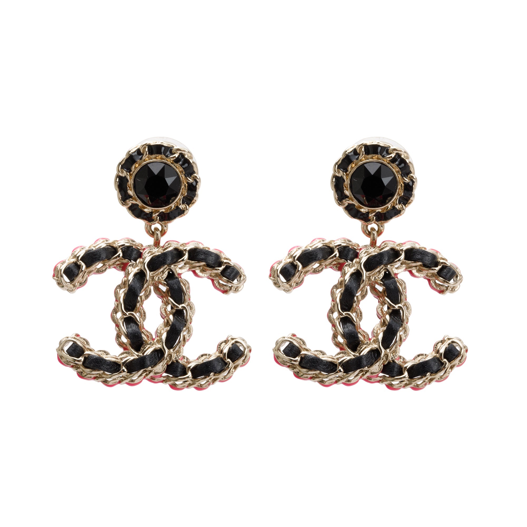 Chanel 2023 Gold Plated Leather & Pink Enamel CC Strass Drop Earrings w/ Box