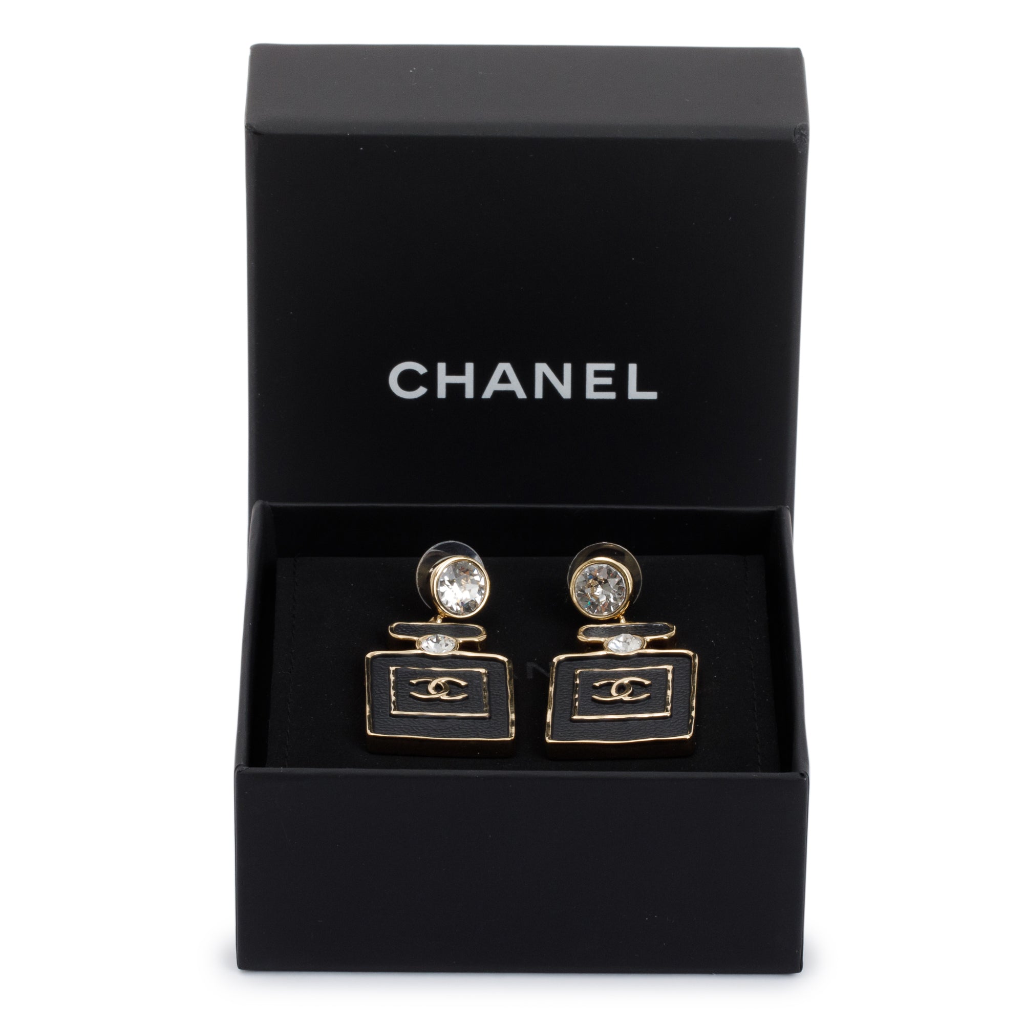 Chanel 2023 Gold Plated & Leather Strass Perfume Bottle Earrings w/ Box