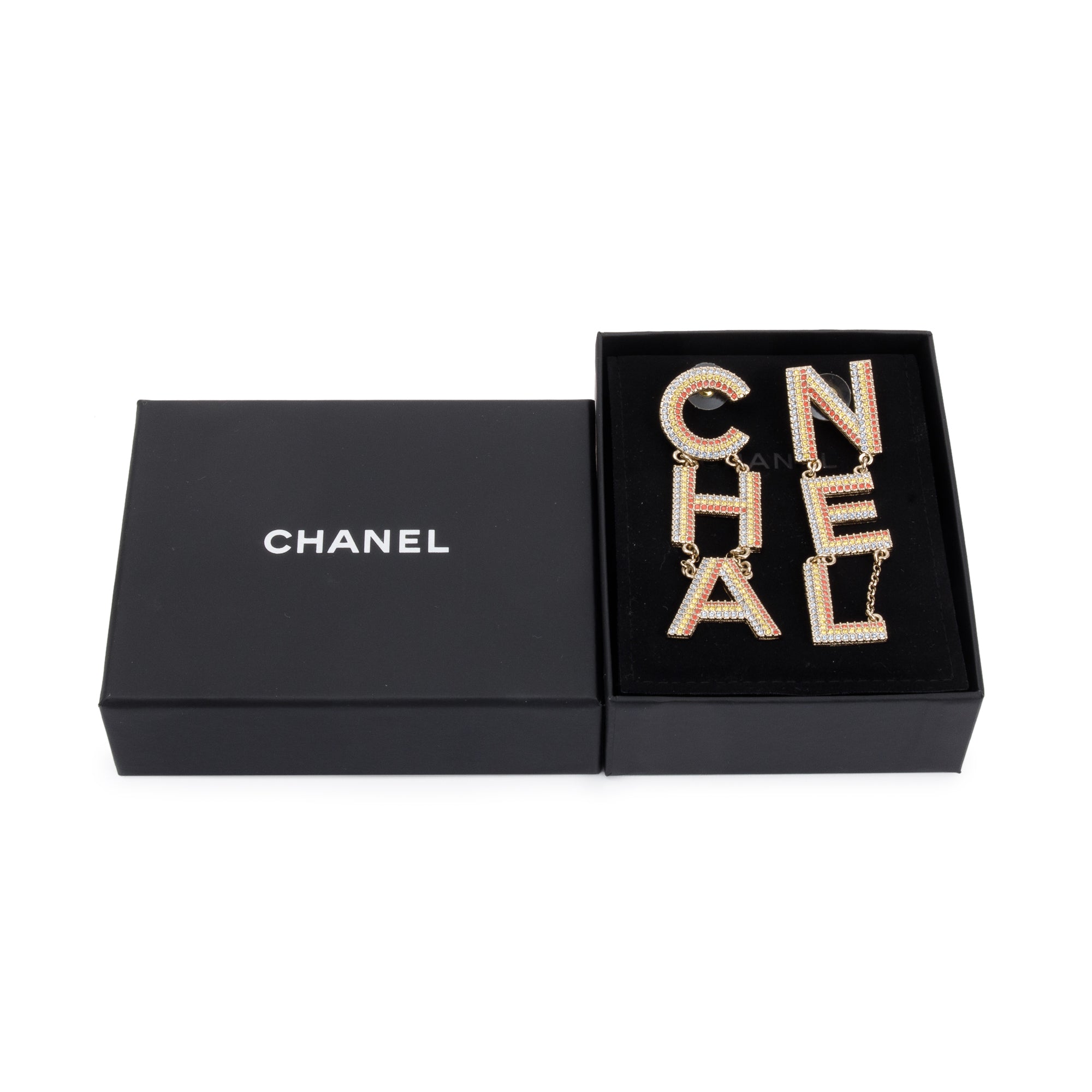 Chanel 2023 Gold Plated Multicolour Strass Logo Drop Earrings w/ Box