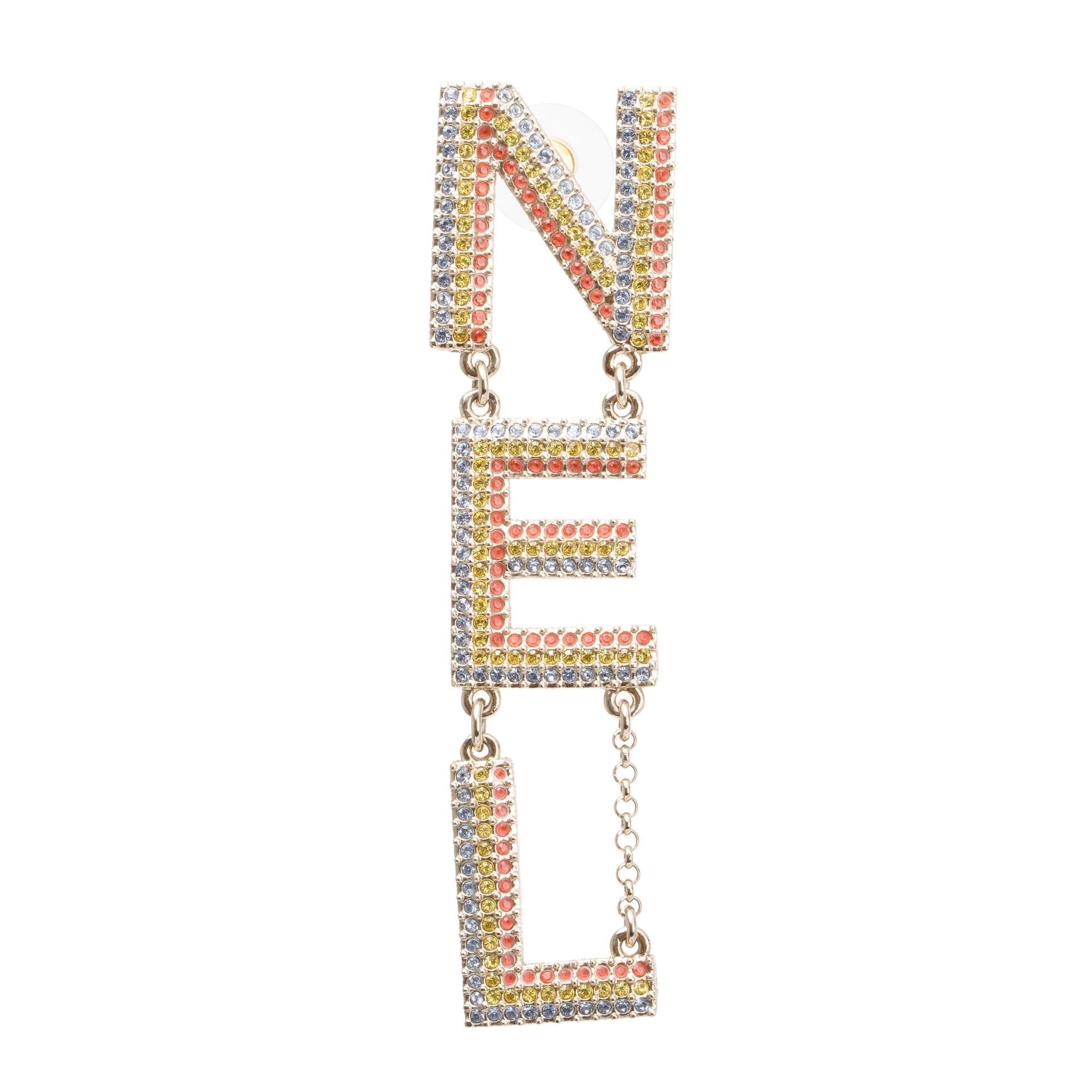 Chanel 2023 Gold Plated Multicolour Strass Logo Drop Earrings w/ Box