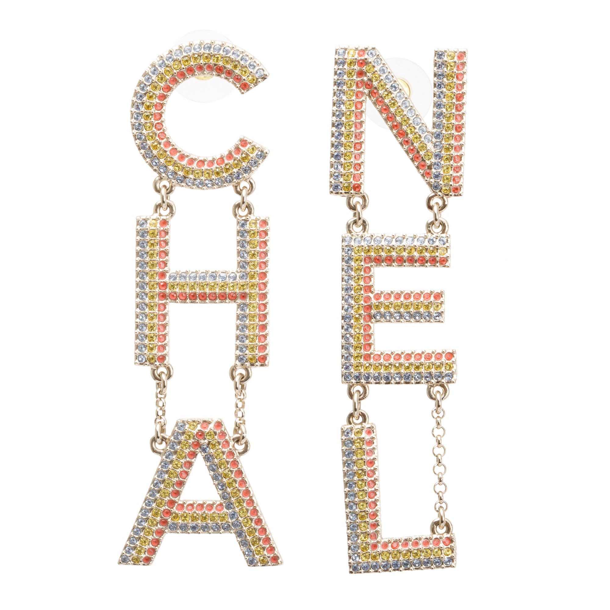 Chanel 2023 Gold Plated Multicolour Strass Logo Drop Earrings w/ Box