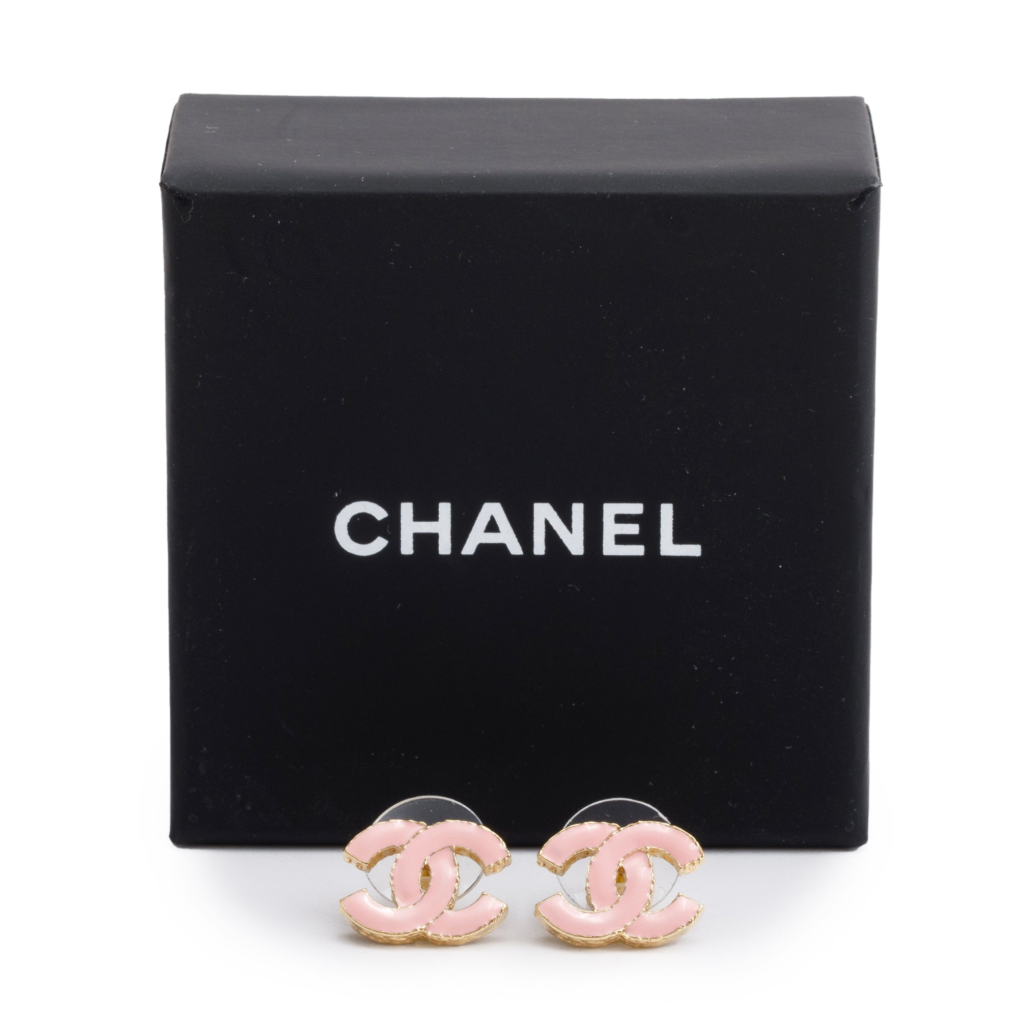 Chanel 2023 Gold Plated Pink Enamel Strass CC Stud Earrings w/ Box