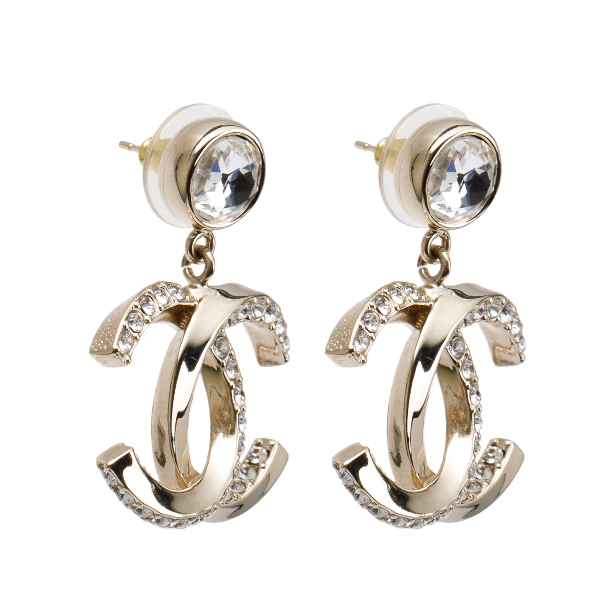 Chanel 2023 Gold Plated Strass CC Drop Earrings w/ Box