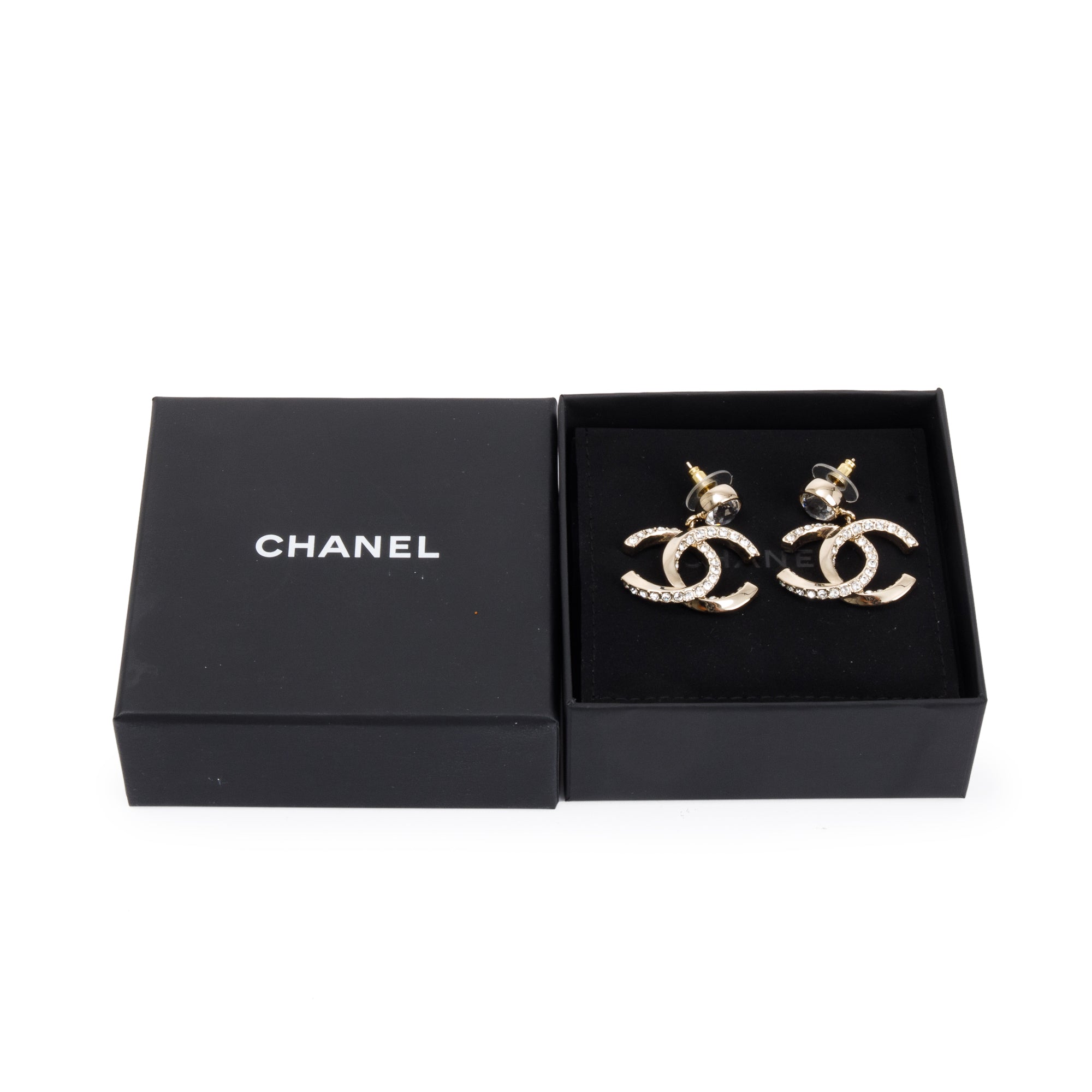 Chanel 2023 Gold Plated Strass CC Drop Earrings w/ Box