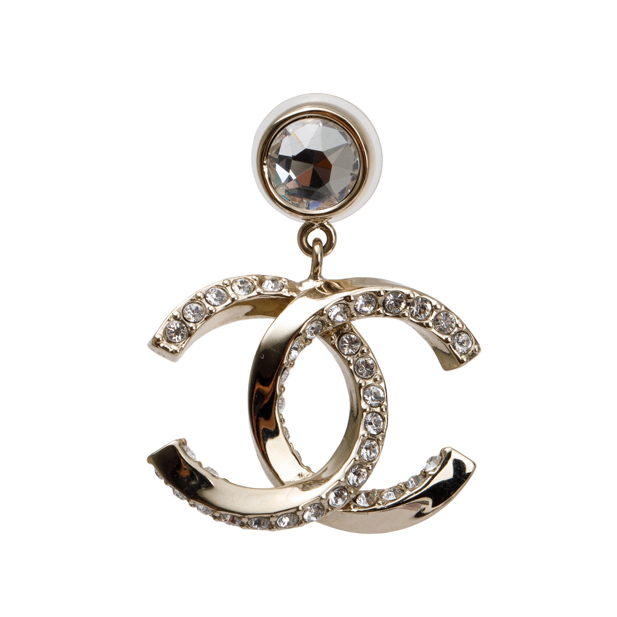 Chanel 2023 Gold Plated Strass CC Drop Earrings w/ Box