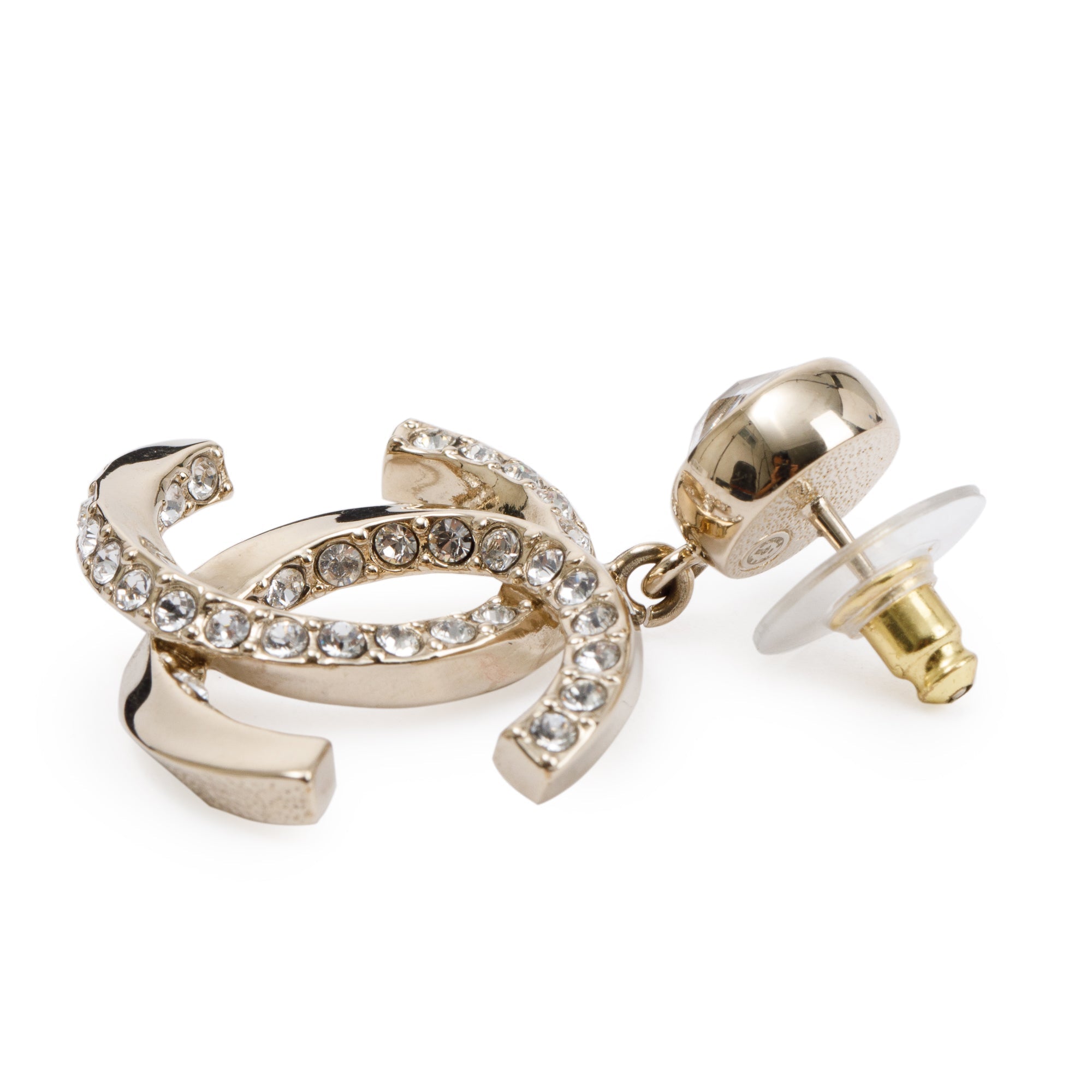 Chanel 2023 Gold Plated Strass CC Drop Earrings w/ Box