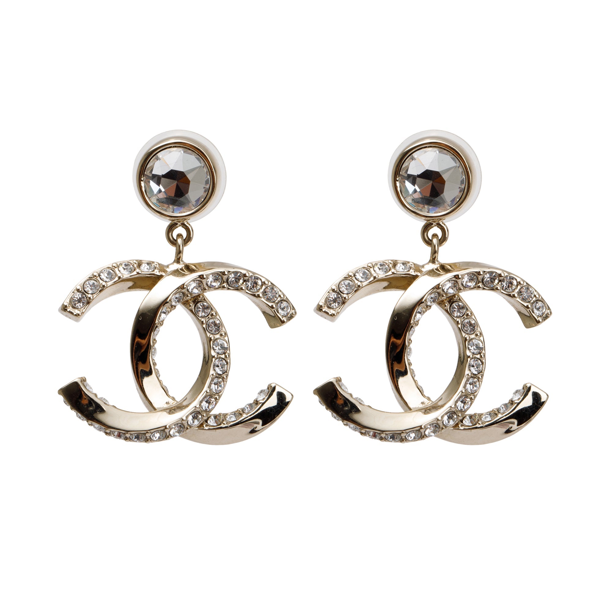 Chanel 2023 Gold Plated Strass CC Drop Earrings w/ Box