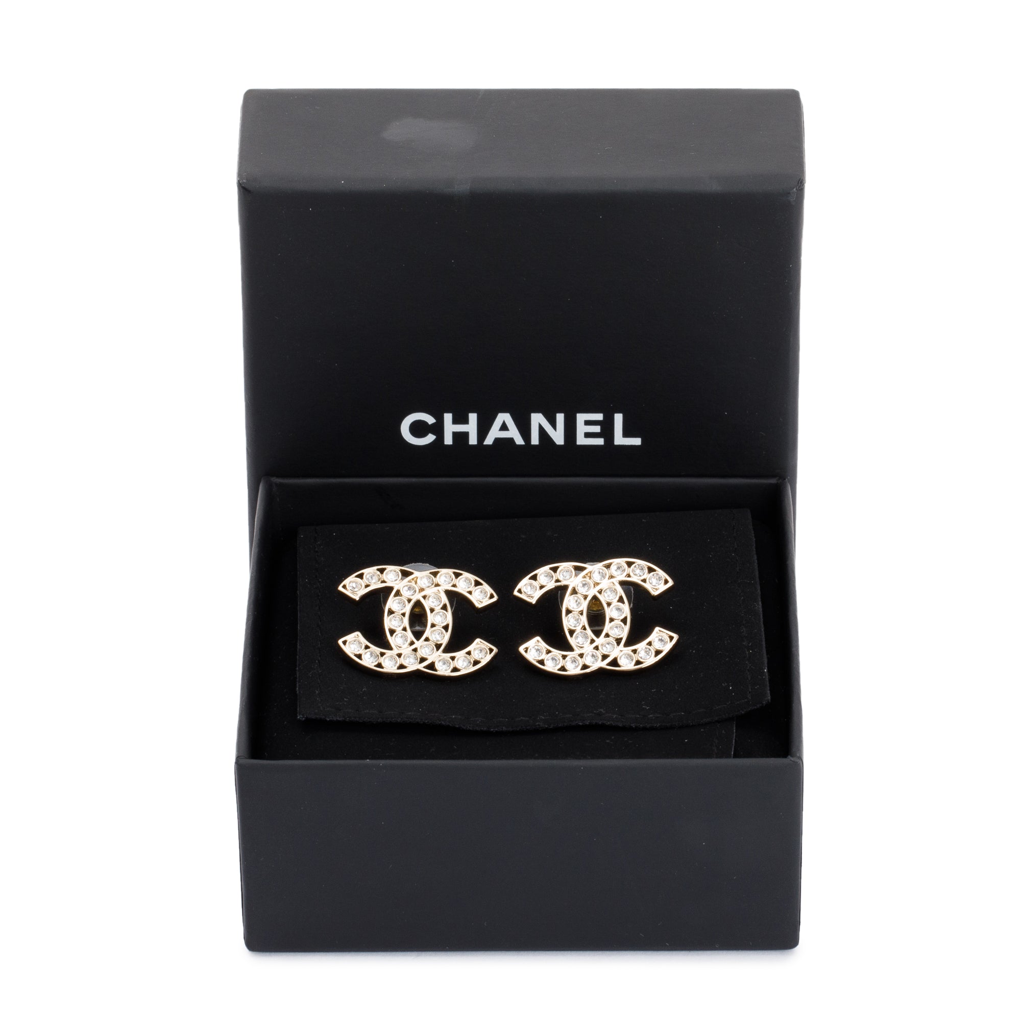 Chanel 2023 Gold Plated Strass CC Stud Earrings w/ Box