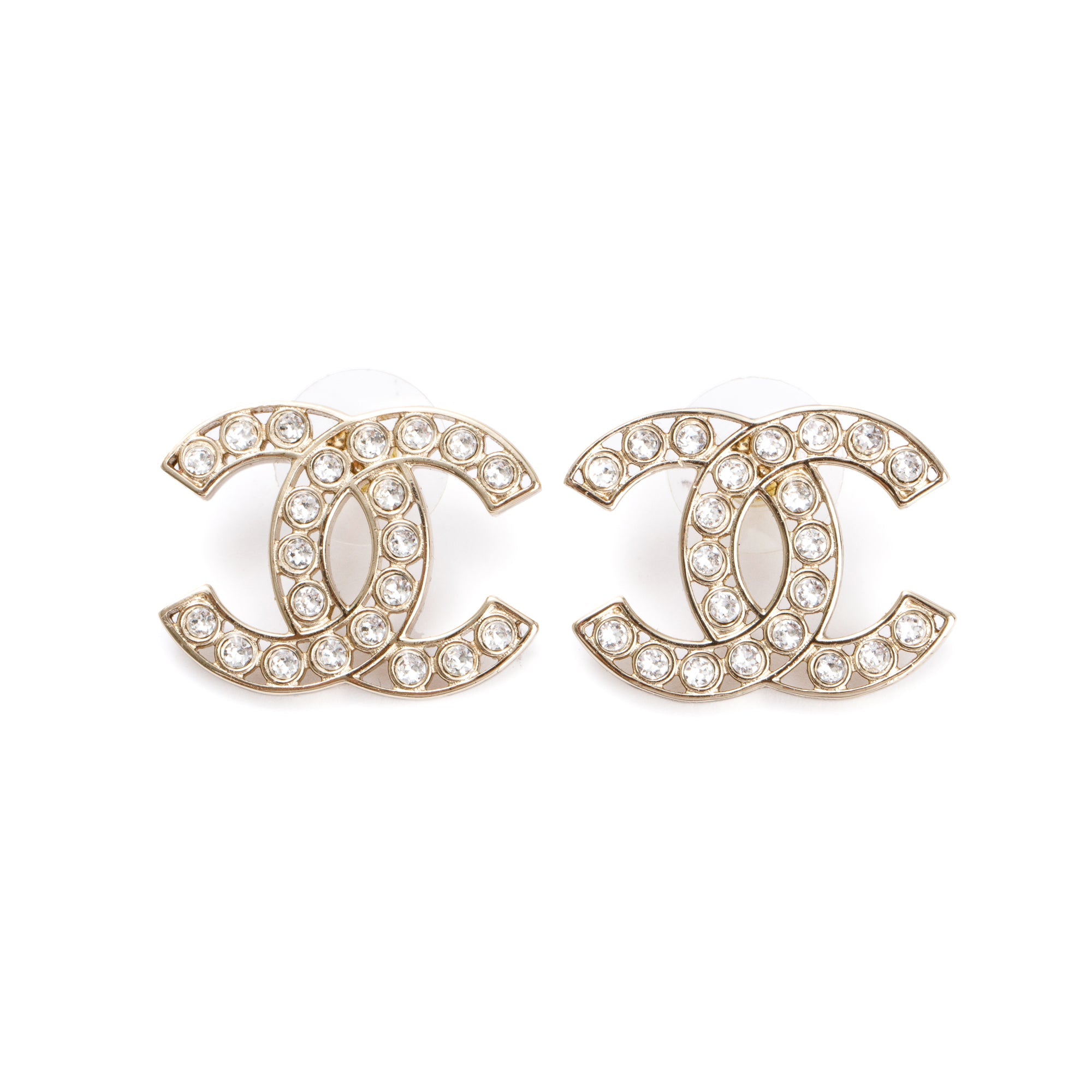 Chanel 2023 Gold Plated Strass CC Stud Earrings w/ Box
