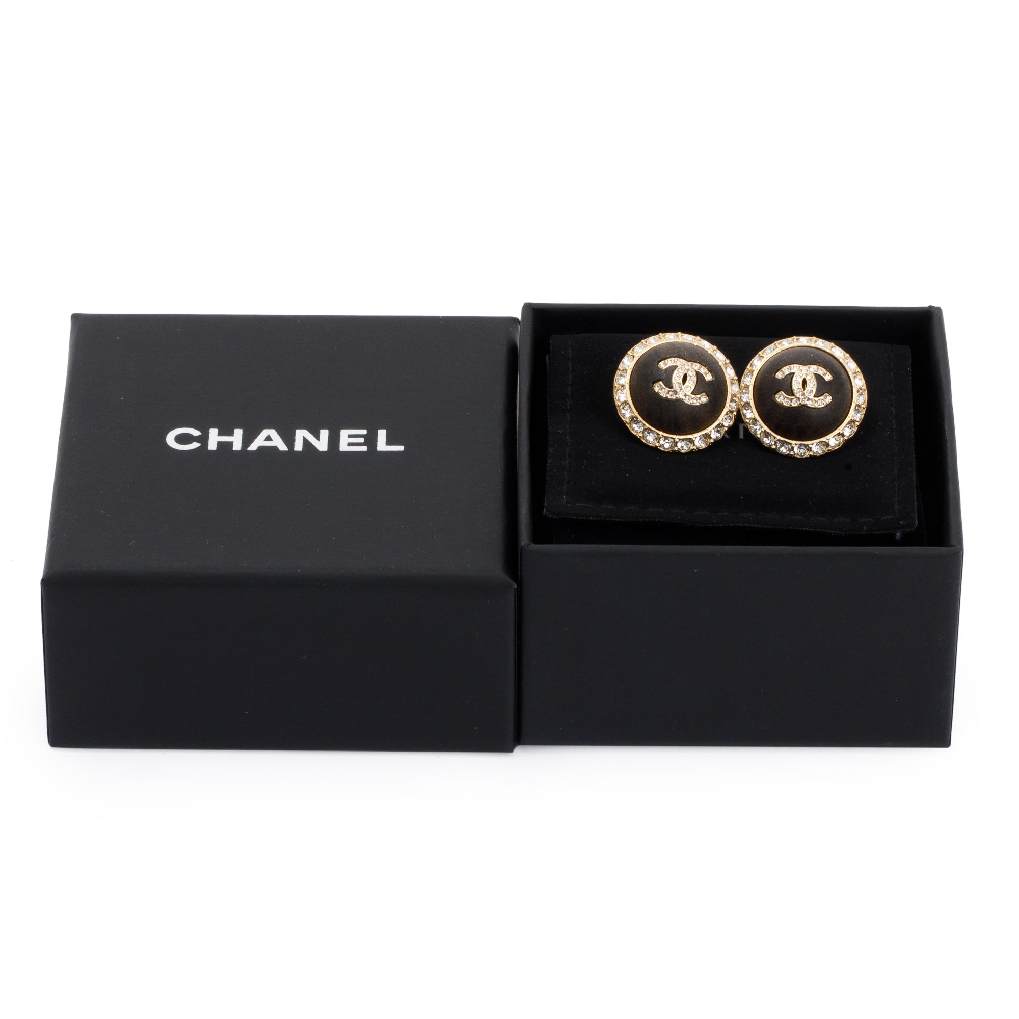 Chanel 2023 Gold Plated Strass & Resin CC Round Stud Earrings w/ Box