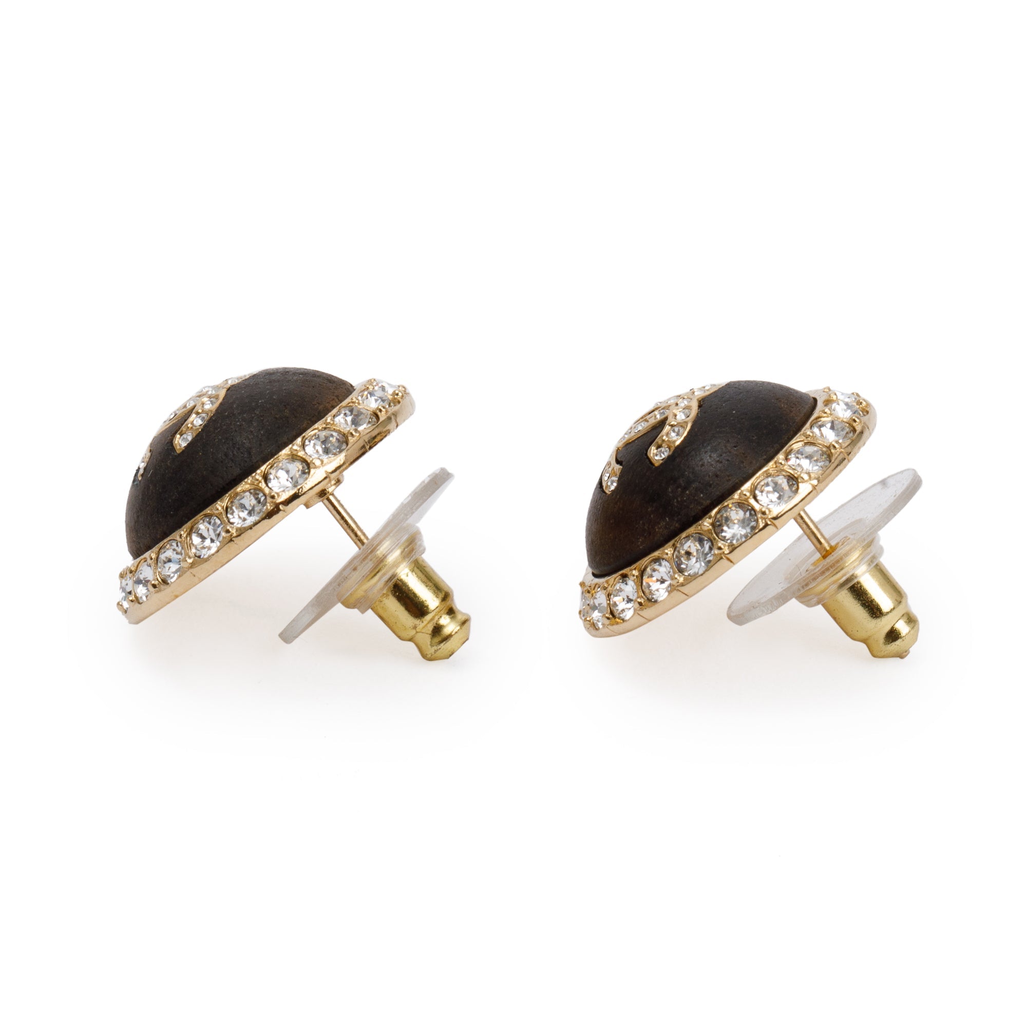 Chanel 2023 Gold Plated Strass & Resin CC Round Stud Earrings w/ Box