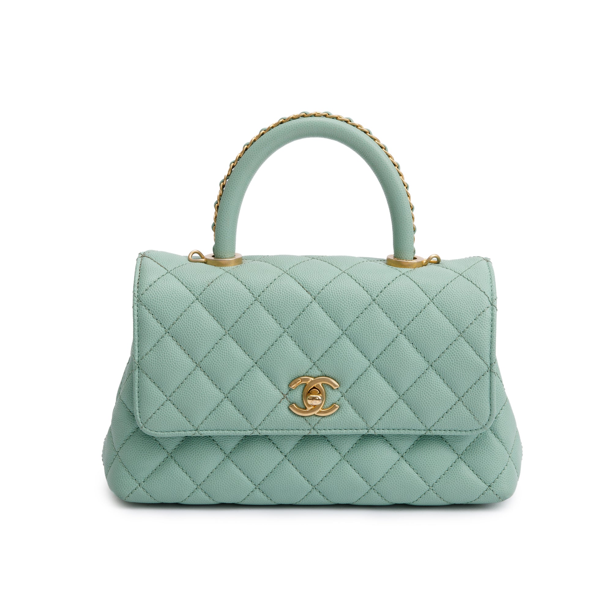 Chanel 2023 Green Quilted Caviar Leather Mini Coco Chain Handle Bag w/ Box