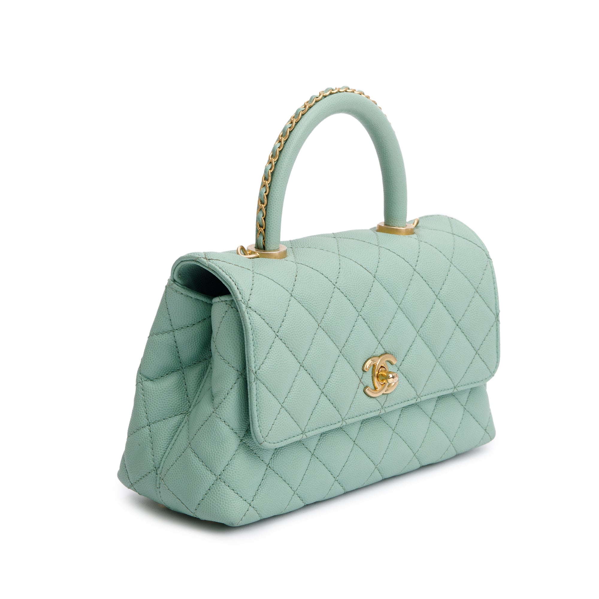 Chanel 2023 Green Quilted Caviar Leather Mini Coco Chain Handle Bag w/ Box