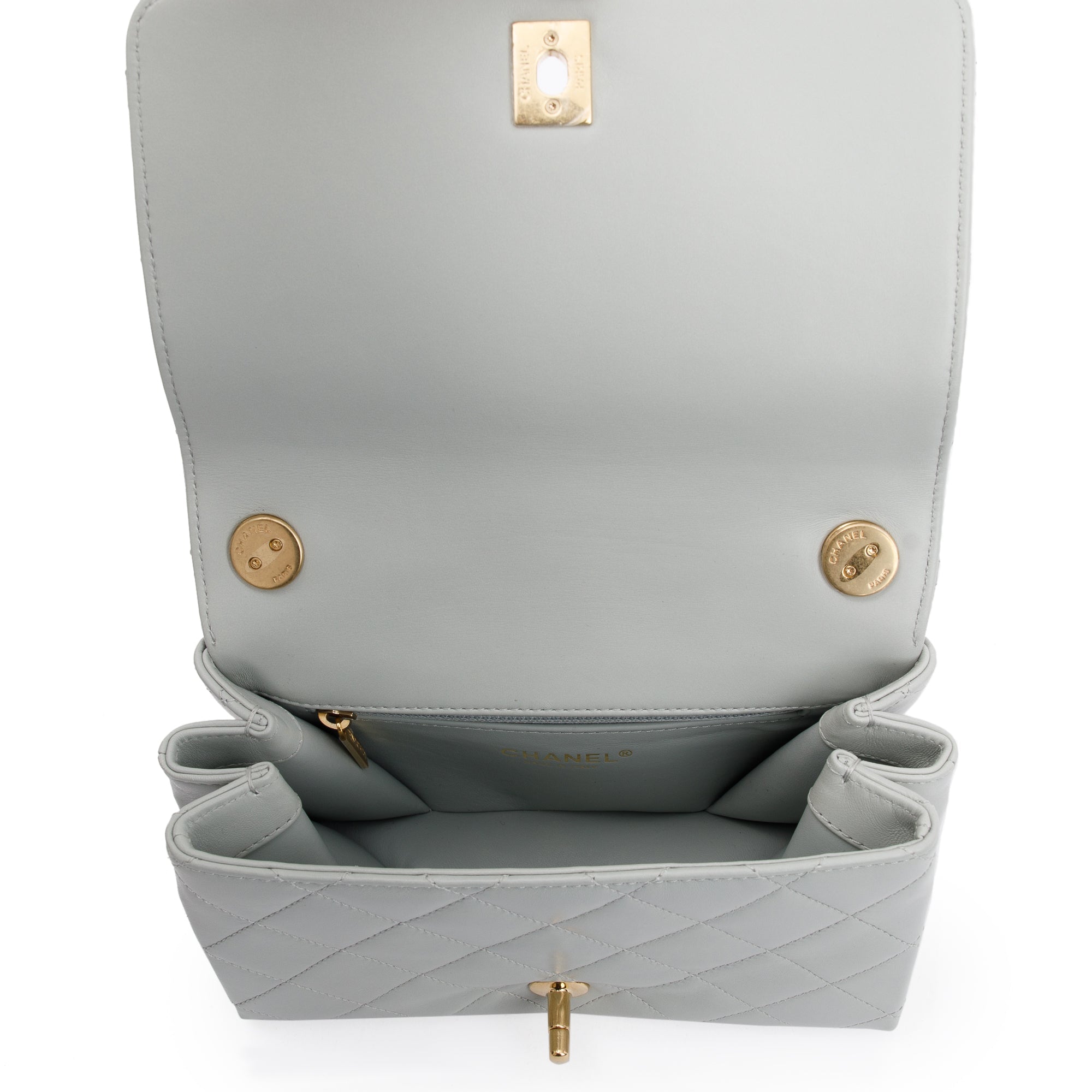 Chanel 2023 Grey Quilted Lambskin Leather Logo Chain Handle Flap Bag w/ Box