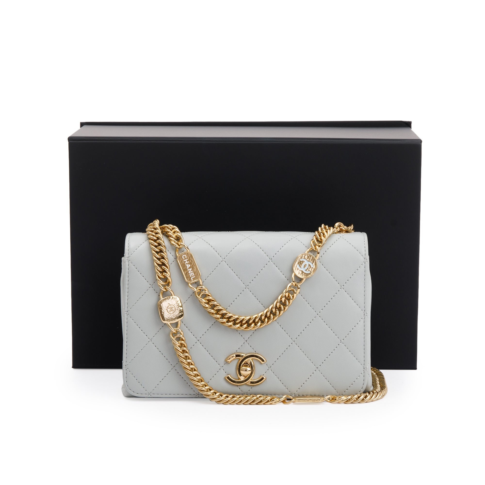 Chanel 2023 Grey Quilted Lambskin Leather Logo Chain Handle Flap Bag w/ Box