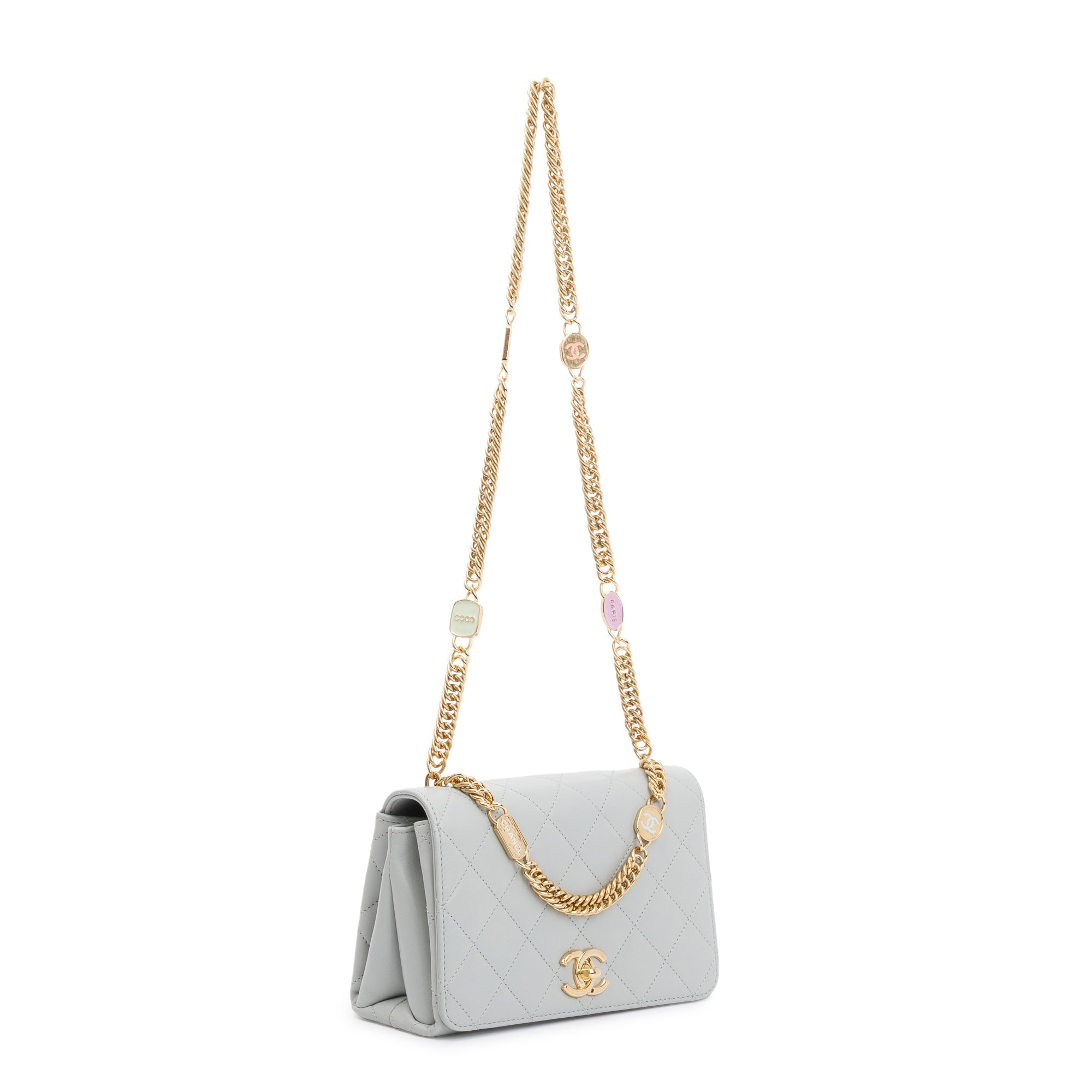 Chanel 2023 Grey Quilted Lambskin Leather Logo Chain Handle Flap Bag w/ Box