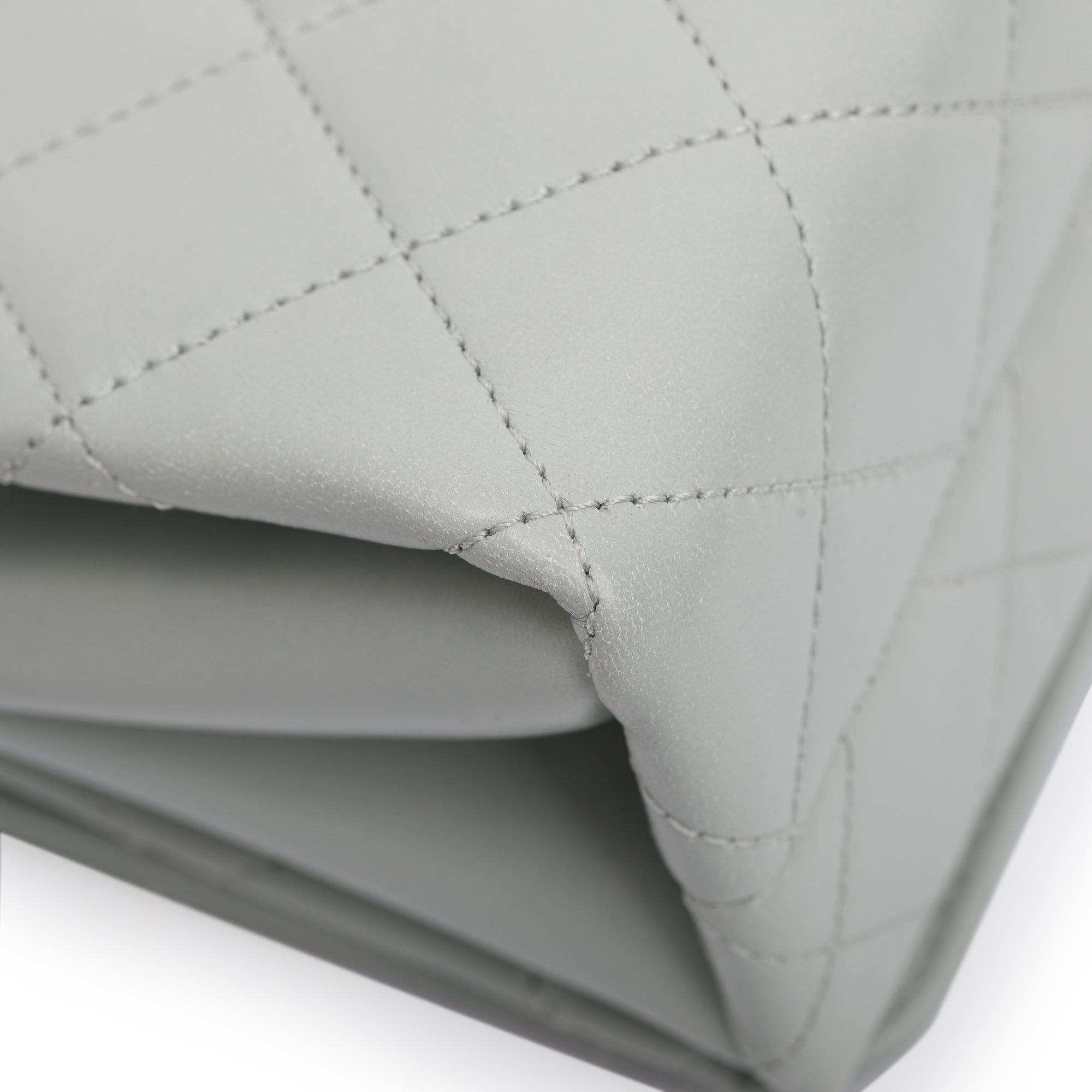 Chanel 2023 Grey Quilted Lambskin Leather Logo Chain Handle Flap Bag w/ Box