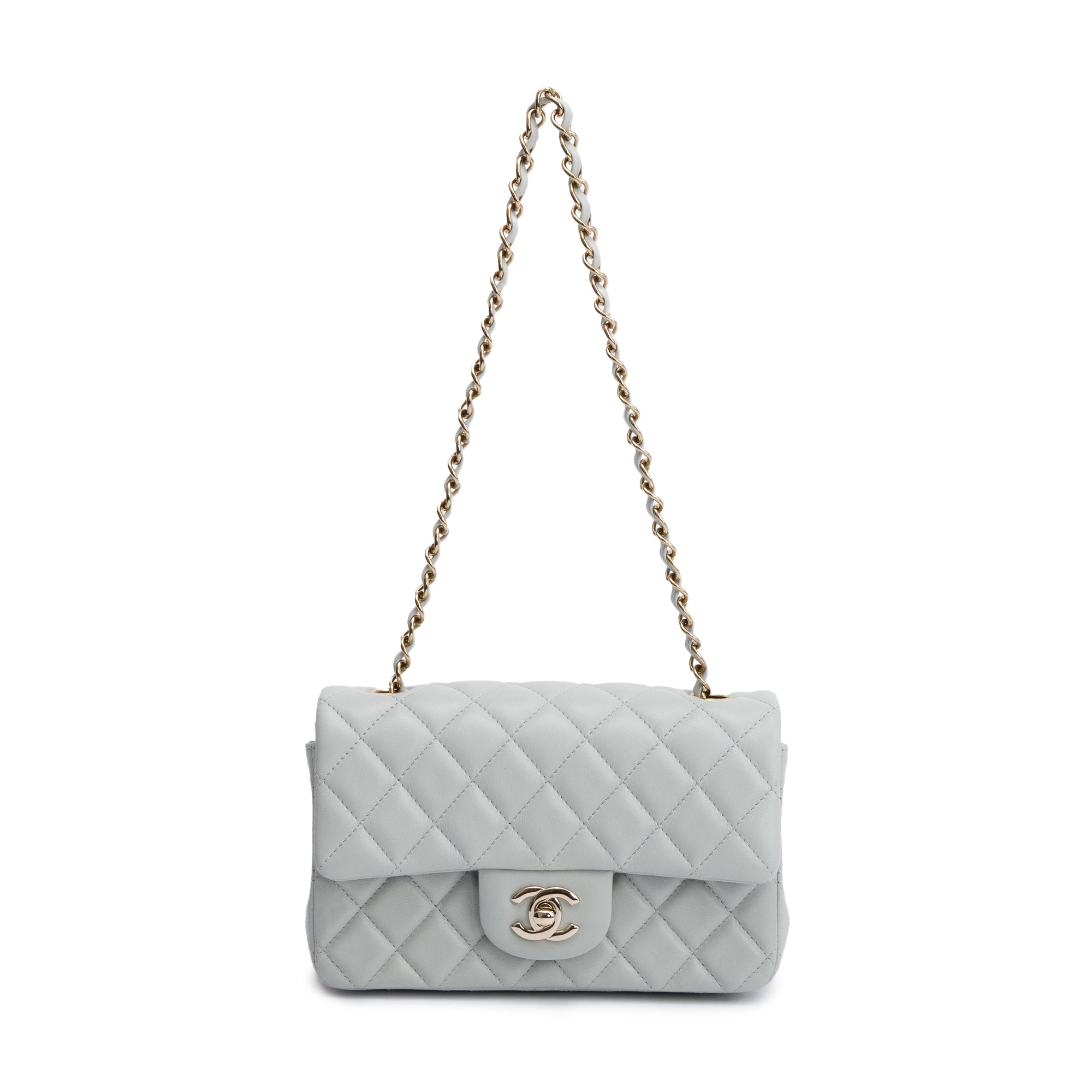 Chanel 2023 Light Grey Quilted Lambskin Leather Mini Classic Flap Handbag