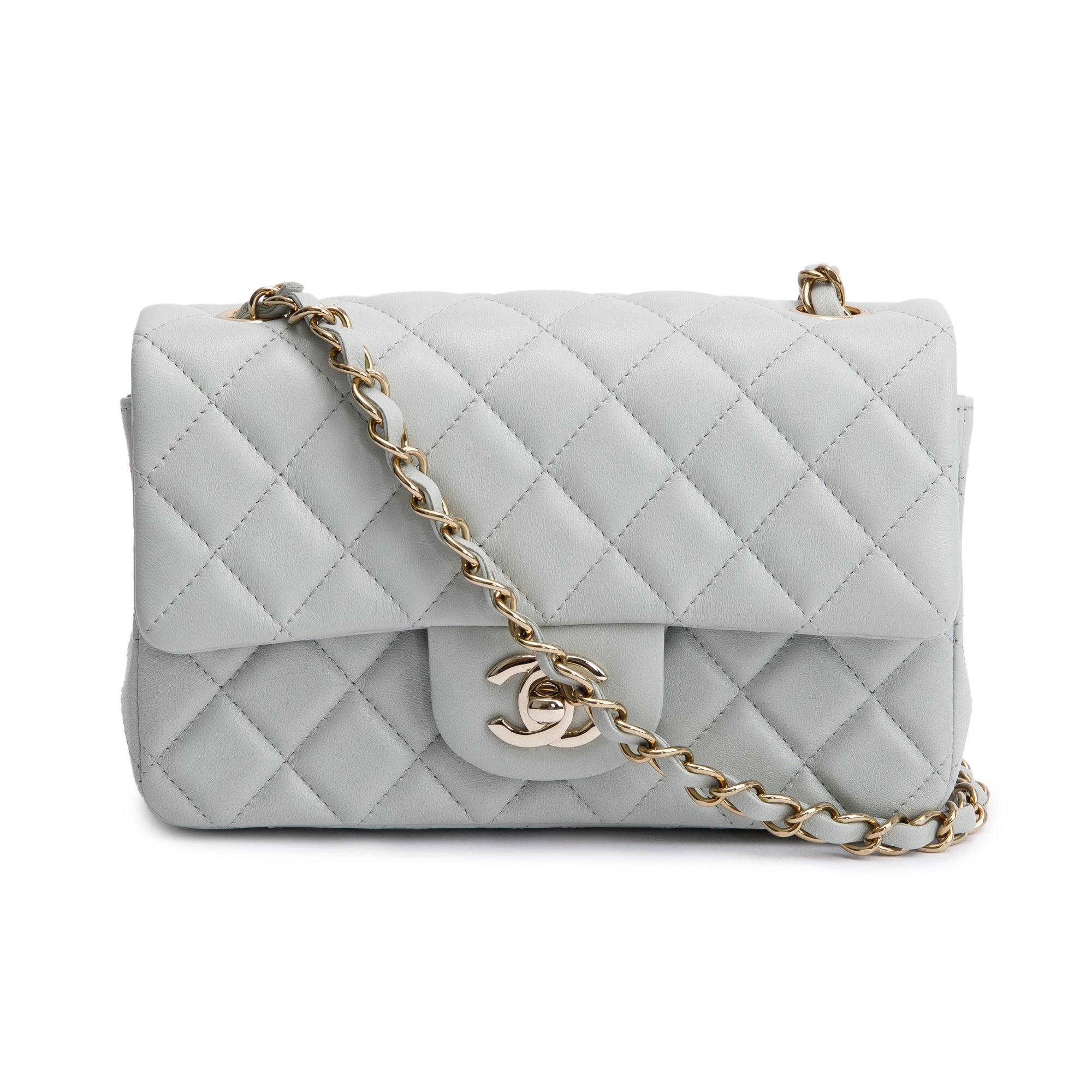 Chanel 2023 Light Grey Quilted Lambskin Leather Mini Classic Flap Handbag