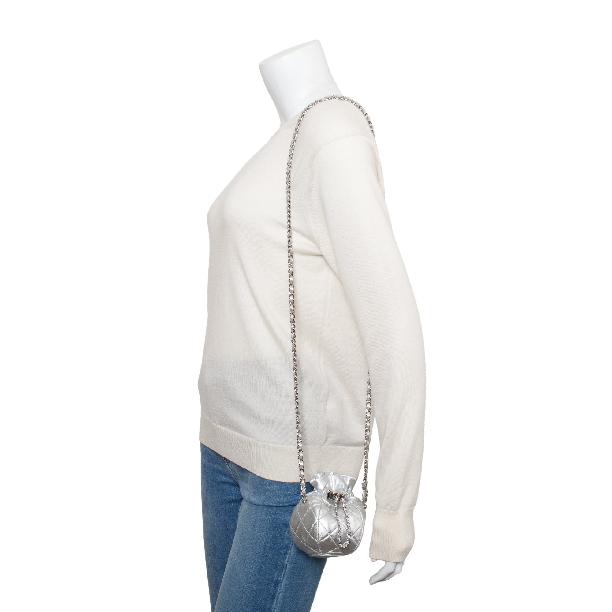 Chanel 2023 Metallic Silver Calfskin Leather Micro Drawstring Bucket Bag w/ Receipt