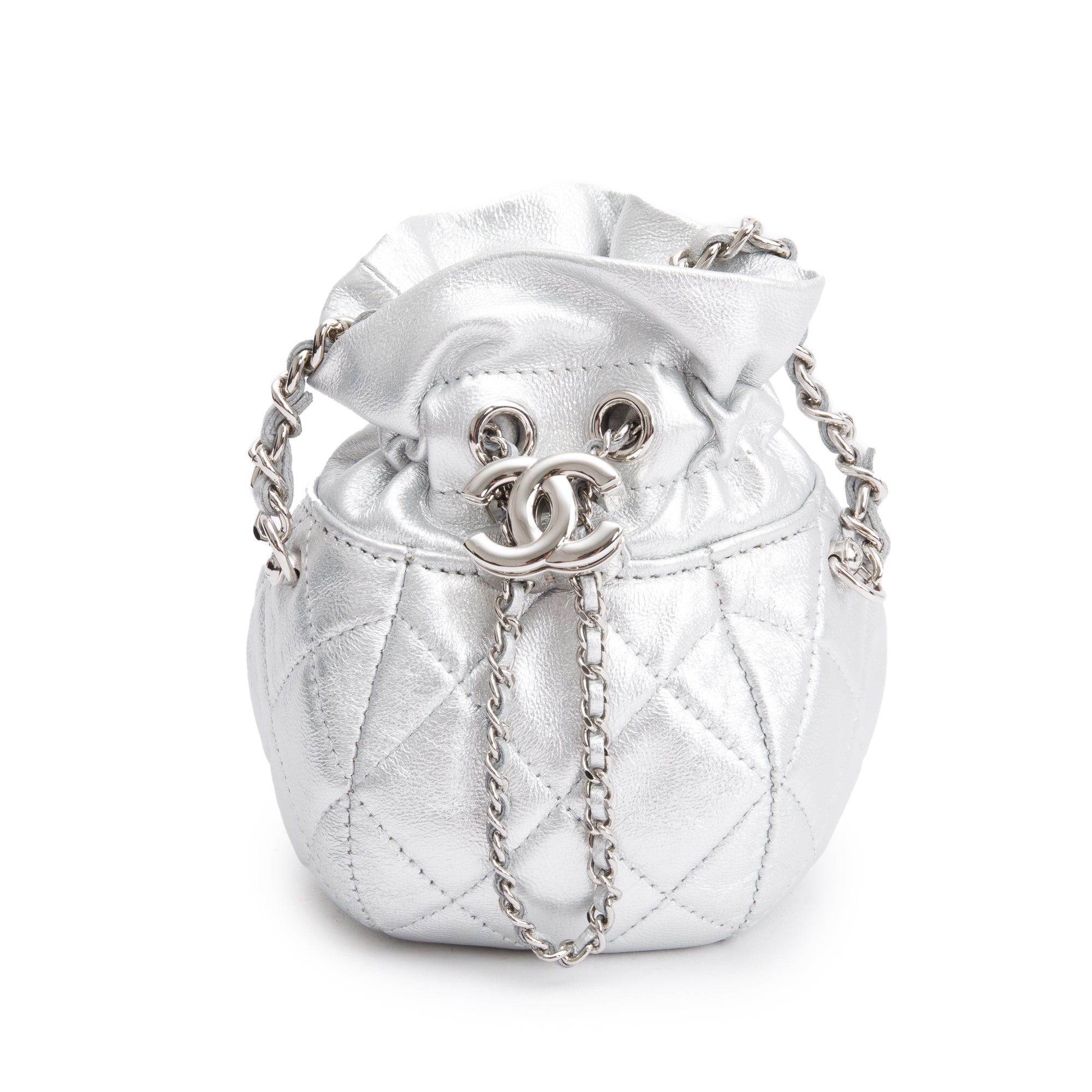 Chanel 2023 Metallic Silver Calfskin Leather Micro Drawstring Bucket Bag w/ Receipt