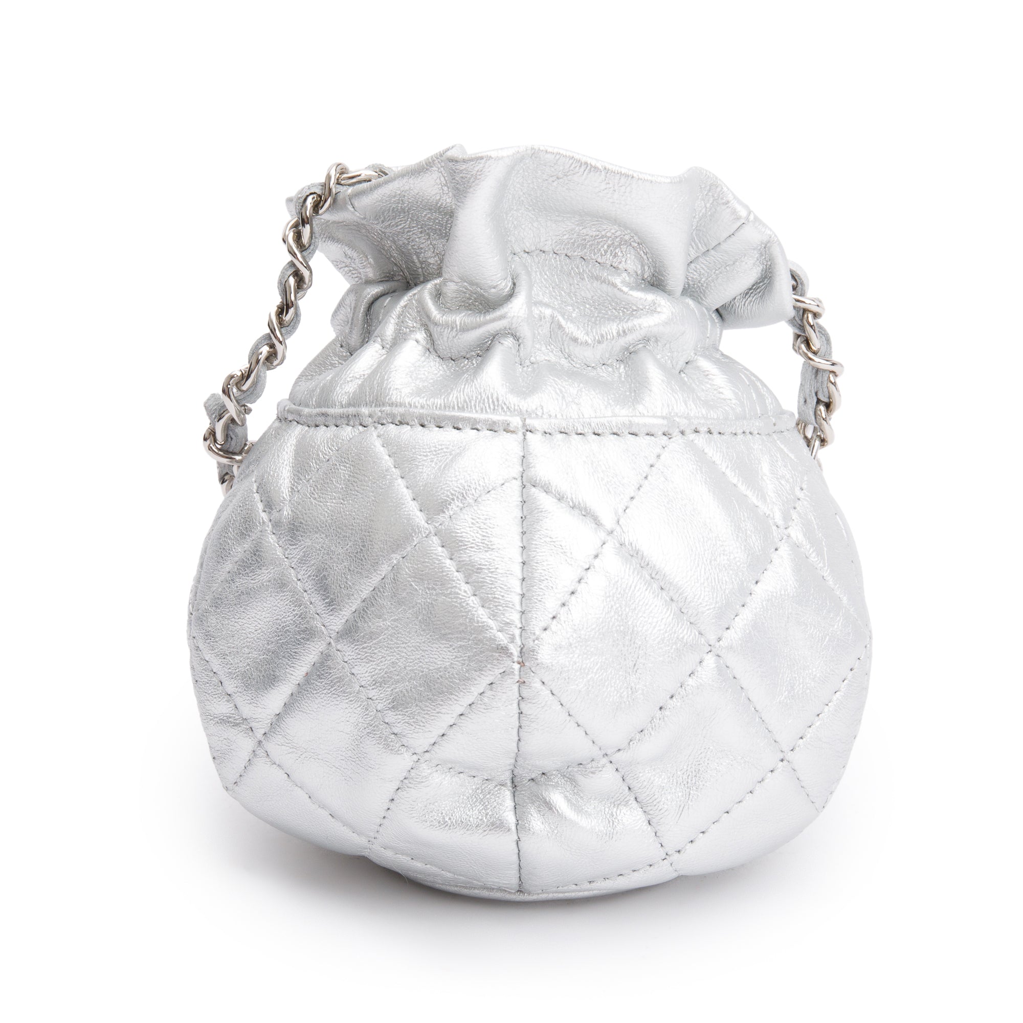 Chanel 2023 Metallic Silver Calfskin Leather Micro Drawstring Bucket Bag w/ Receipt