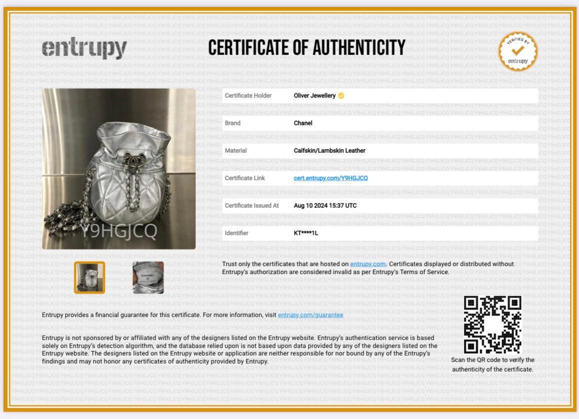 Chanel 2023 Metallic Silver Calfskin Leather Micro Drawstring Bucket Bag w/ Receipt